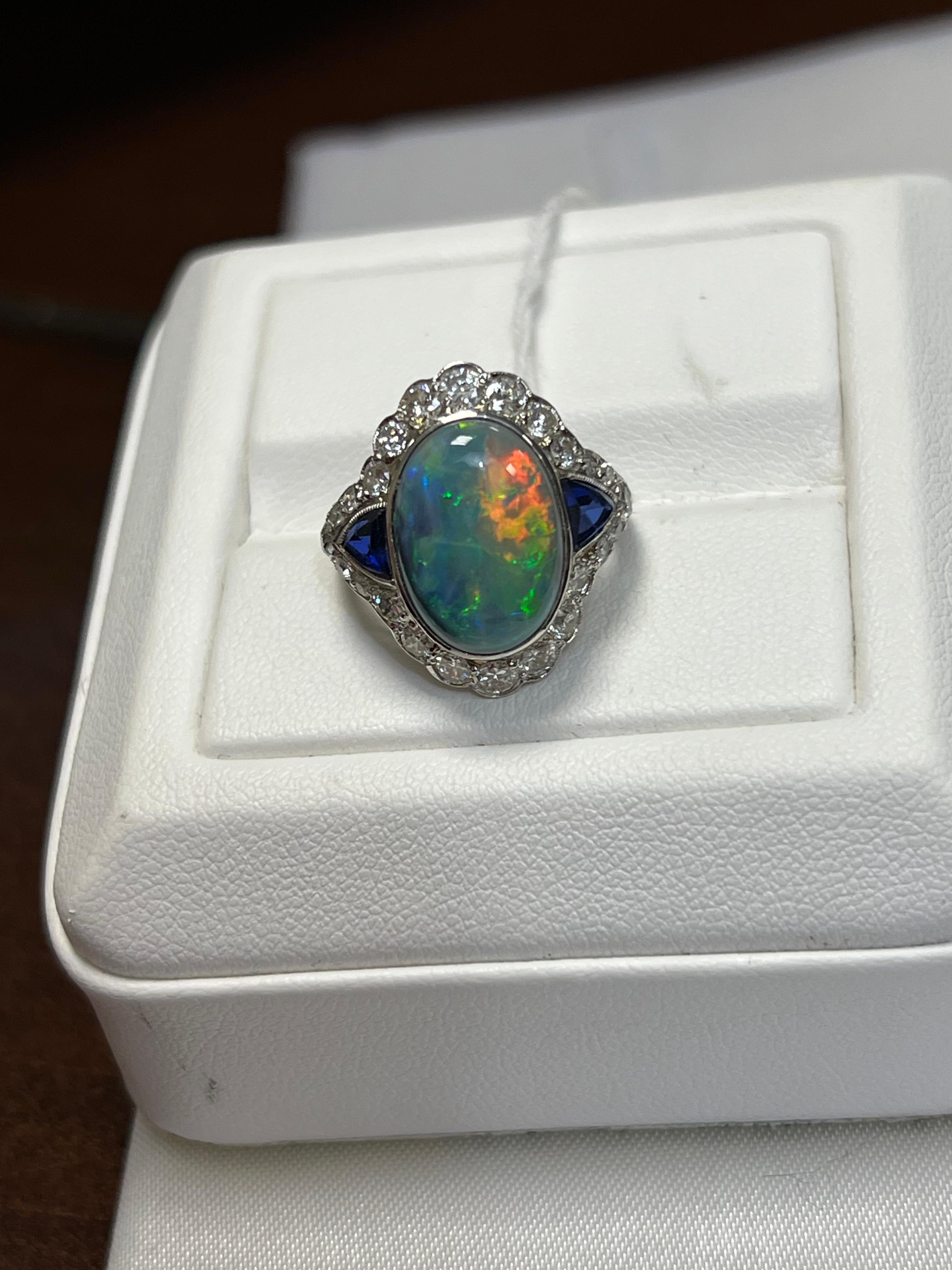 Art Deco Lady's Black Opal, Blue Sapphire and Diamonds Ring in Platinum  For Sale