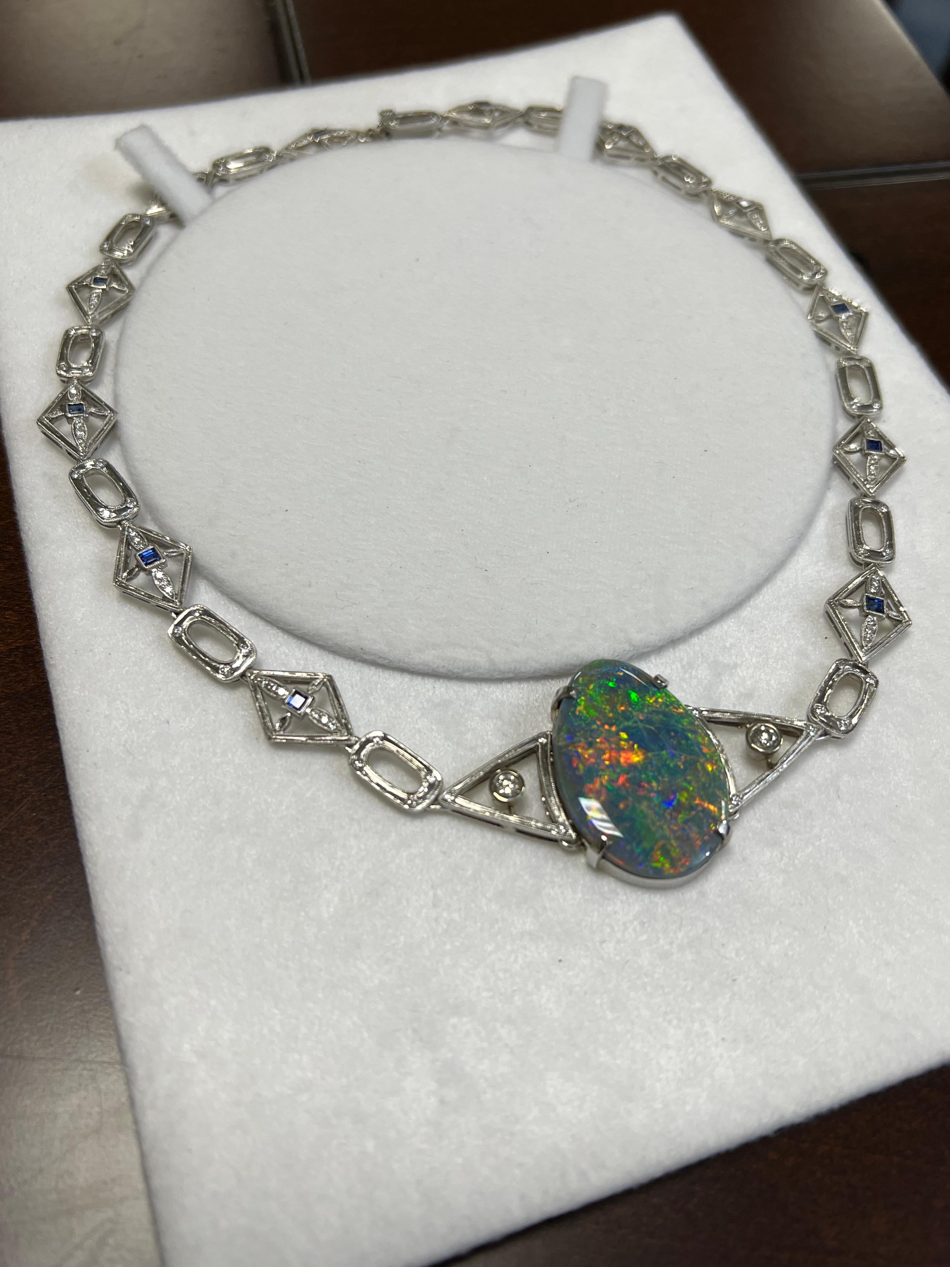 Art Deco Lady's Black Opal, Diamonds and Blue Sapphire and Necklace in Platinum  For Sale