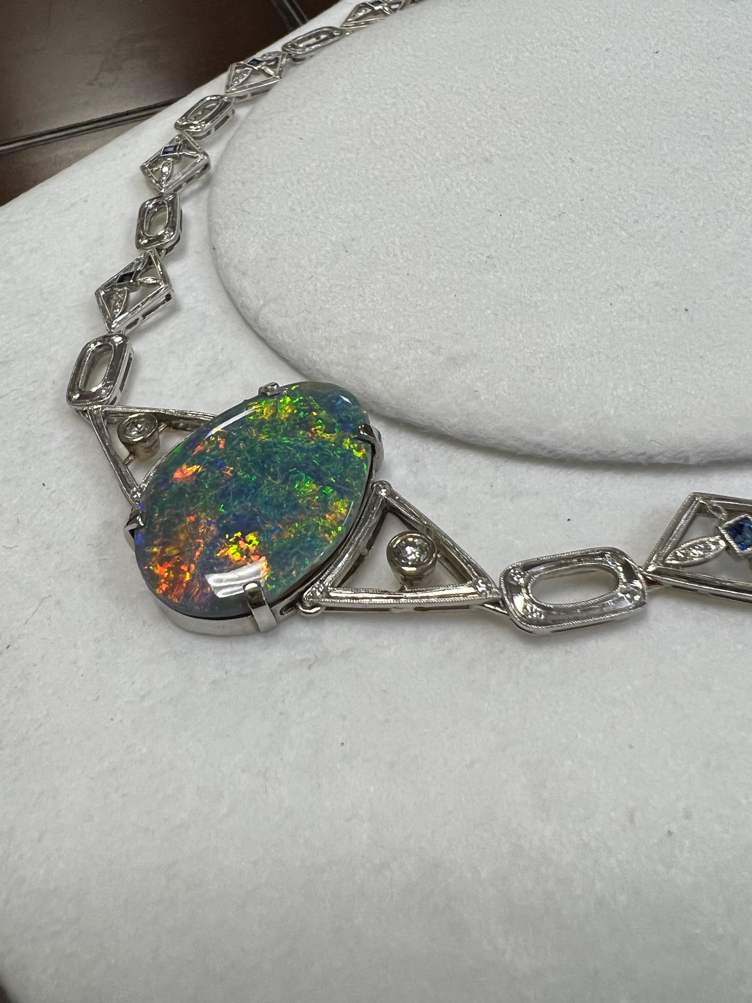 Lady's Black Opal, Diamonds and Blue Sapphire and Necklace in Platinum  In Good Condition For Sale In New York, NY