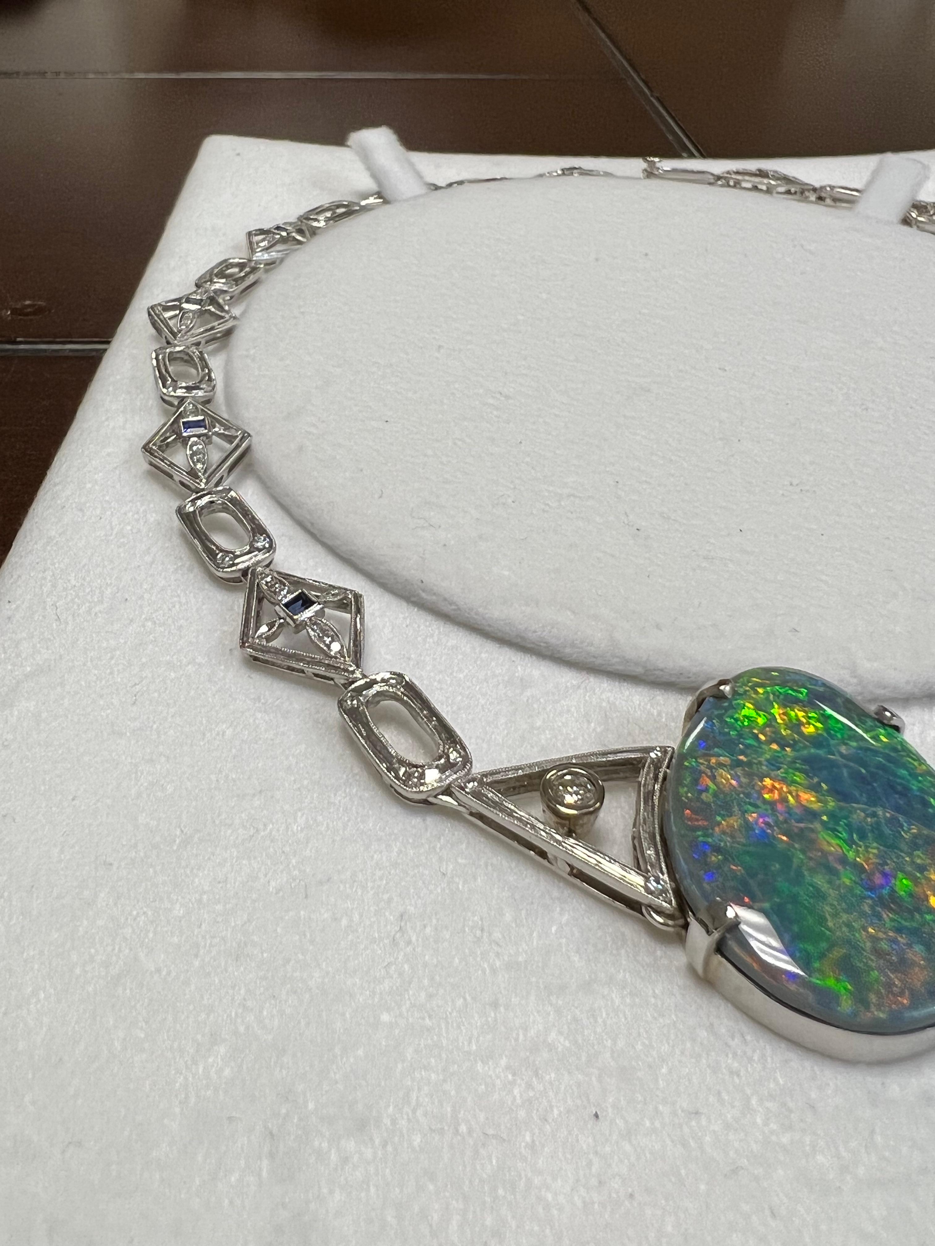 Women's Lady's Black Opal, Diamonds and Blue Sapphire and Necklace in Platinum  For Sale