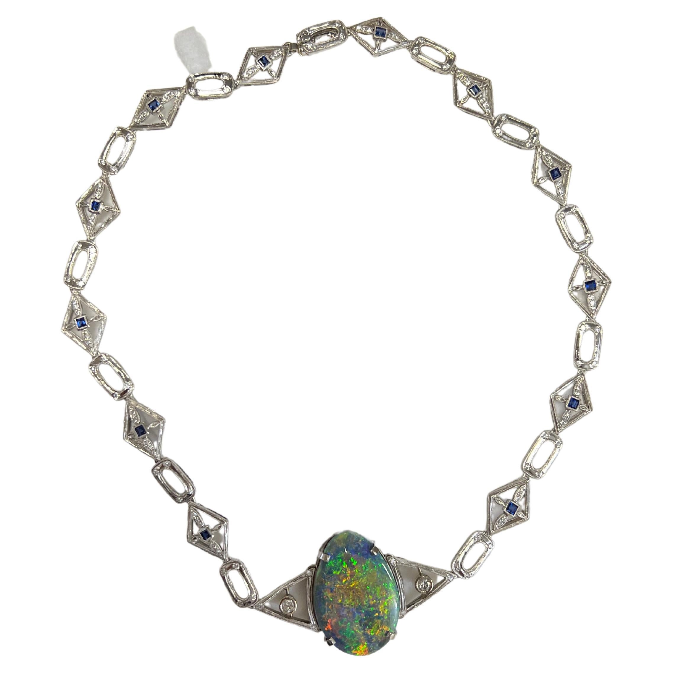 Lady's Black Opal, Diamonds and Blue Sapphire and Necklace in Platinum 