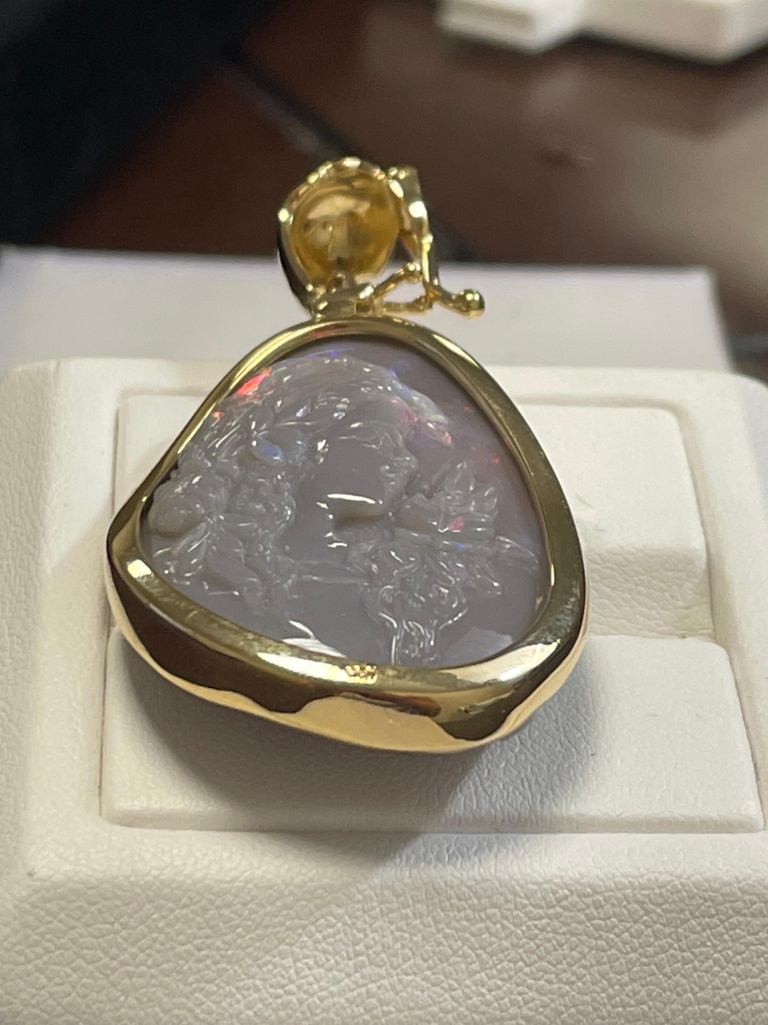 Women's Lady's Black Opal Madonna and Child Carving Pendant in 18k Yellow Gold For Sale