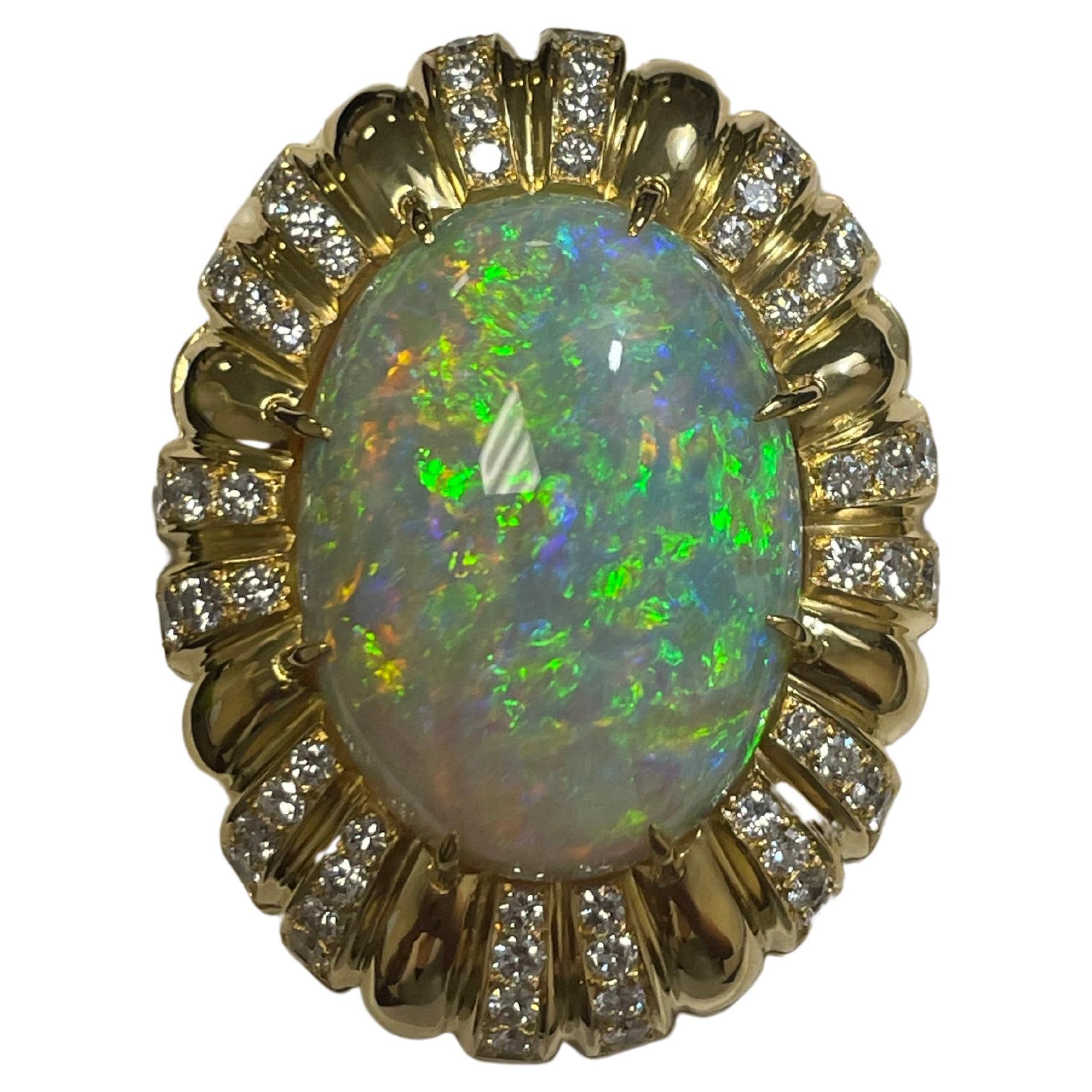 Lady's Boulder Crystal Opal and Diamonds Broach in 18k Yellow Gold 