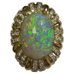 Lady's Boulder Crystal Opal and Diamonds Broach in 18k Yellow Gold 
