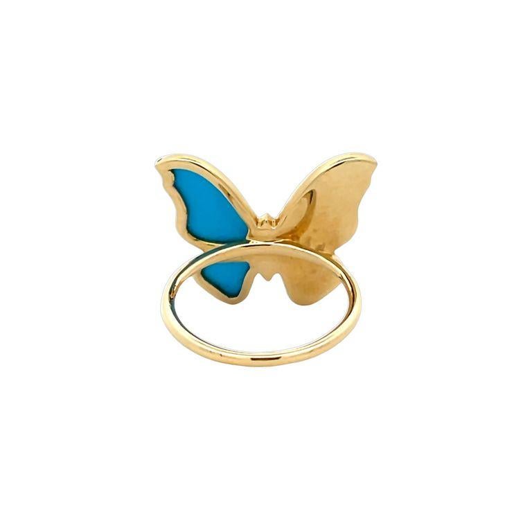 Moderne Bague mode papillon bleu turquoise et diamant 0,46 ct or jaune 14 carats pour femme en vente