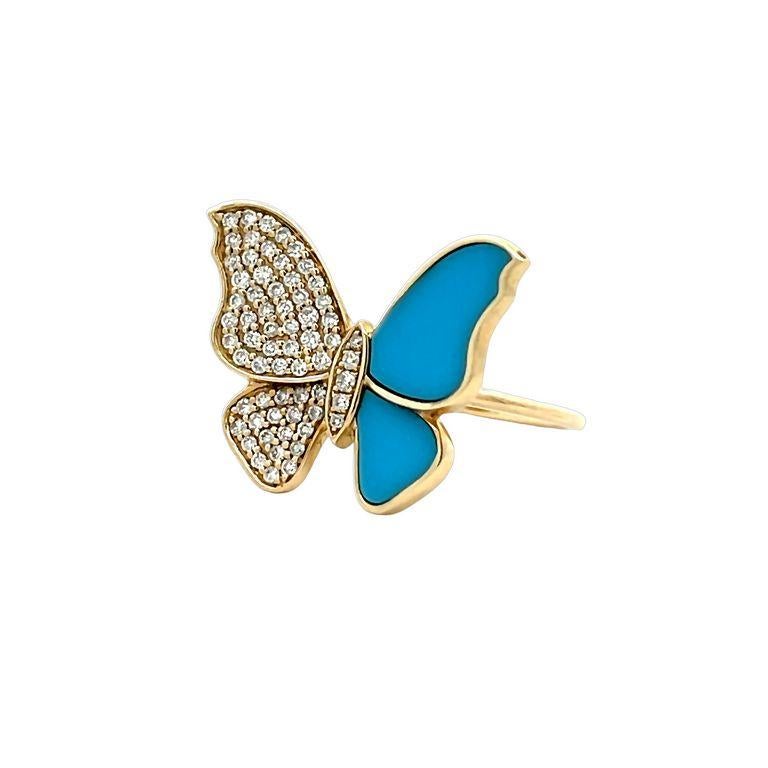 Lady's butterfly Blue Turquoise & Diamond Fashion Ring 0.46 CT 14K Yellow Gold In New Condition For Sale In New York, NY