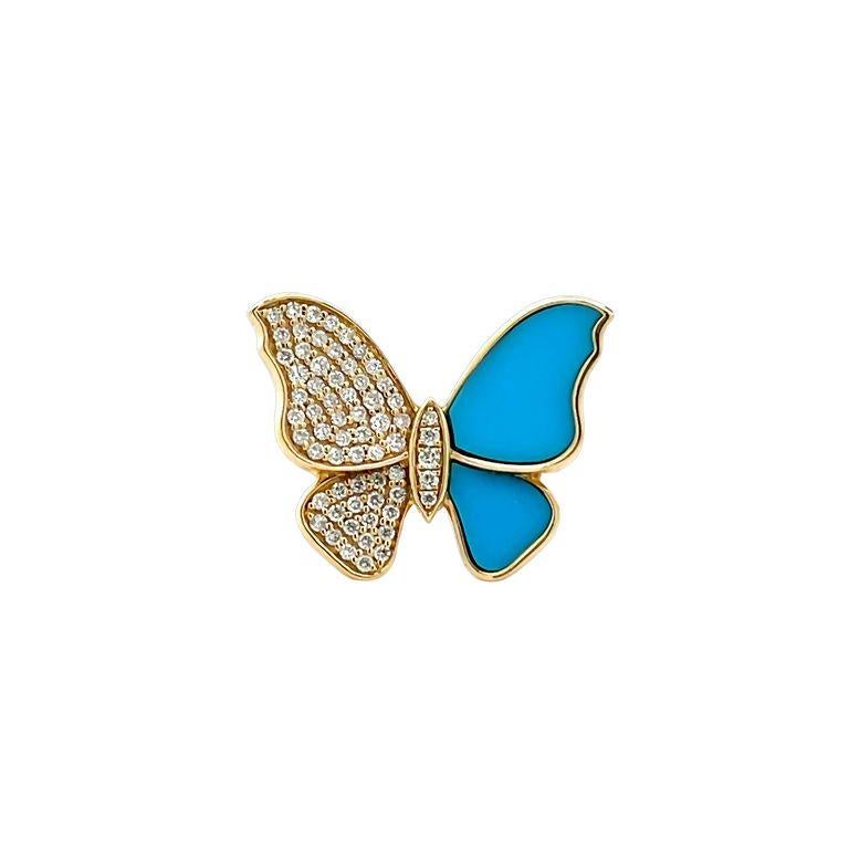 Women's Lady's butterfly Blue Turquoise & Diamond Fashion Ring 0.46 CT 14K Yellow Gold For Sale