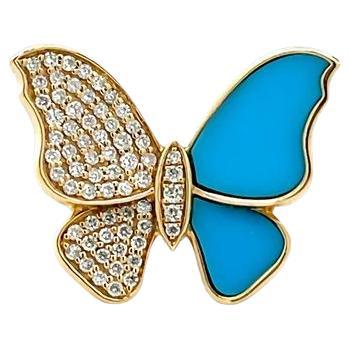 Bague mode papillon bleu turquoise et diamant 0,46 ct or jaune 14 carats pour femme en vente