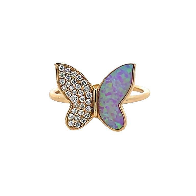 Modern Lady's butterfly Pink Opal & Diamond Fashion Ring 0.18ct 14K Yellow Gold For Sale