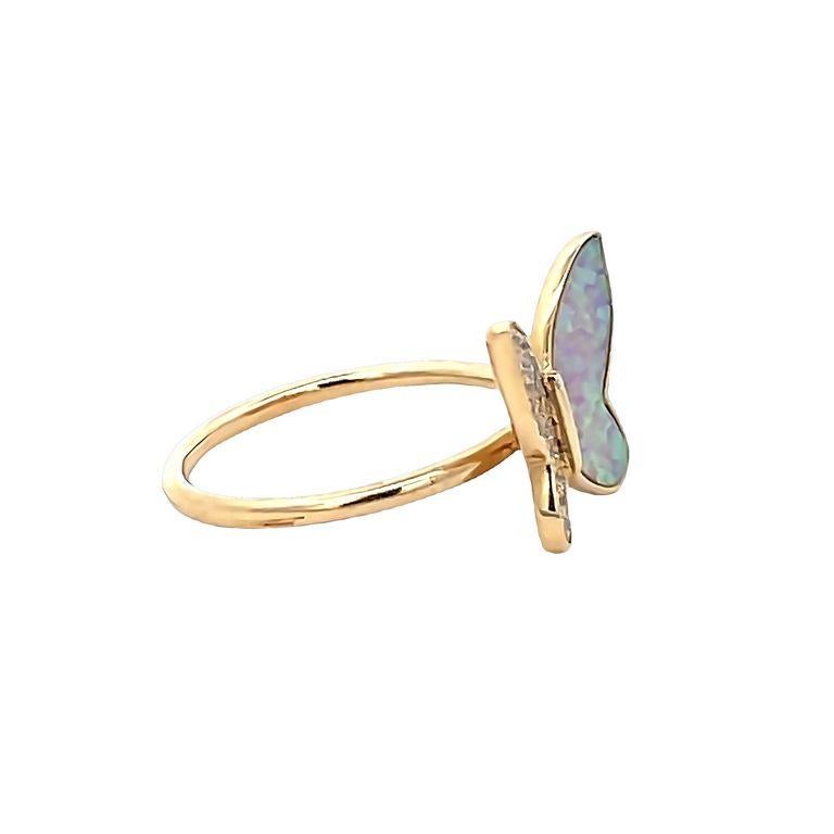 Round Cut Lady's butterfly Pink Opal & Diamond Fashion Ring 0.18ct 14K Yellow Gold For Sale