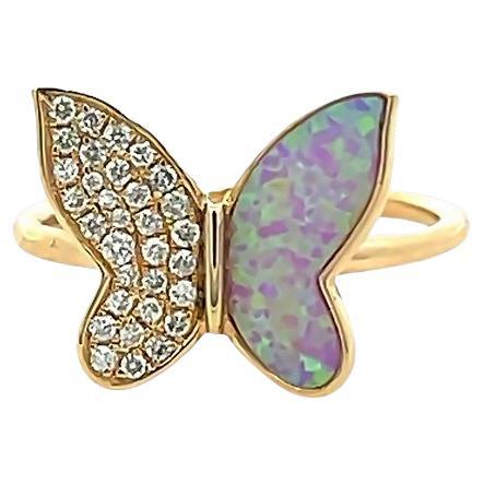 Lady's butterfly Pink Opal & Diamond Fashion Ring 0.18ct 14K Yellow Gold For Sale