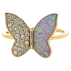 Lady's butterfly Pink Opal & Diamond Fashion Ring 0.18ct 14K Yellow Gold