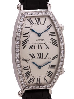 Ladies Cartier Dual Time Zone Tonneau 18 Karat White Gold & Diamonds circa 2000s