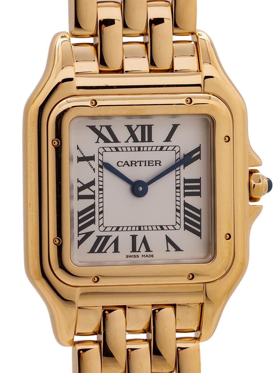 
Cartier Lady’s 18K yellow gold Panther circa 2017. Very nice condition preowned example of the recently re-released classic Cartier piece. Battery powered quartz movement. Panther 18K YG bracelet with butterfly deployment clasp. The Panther was a
