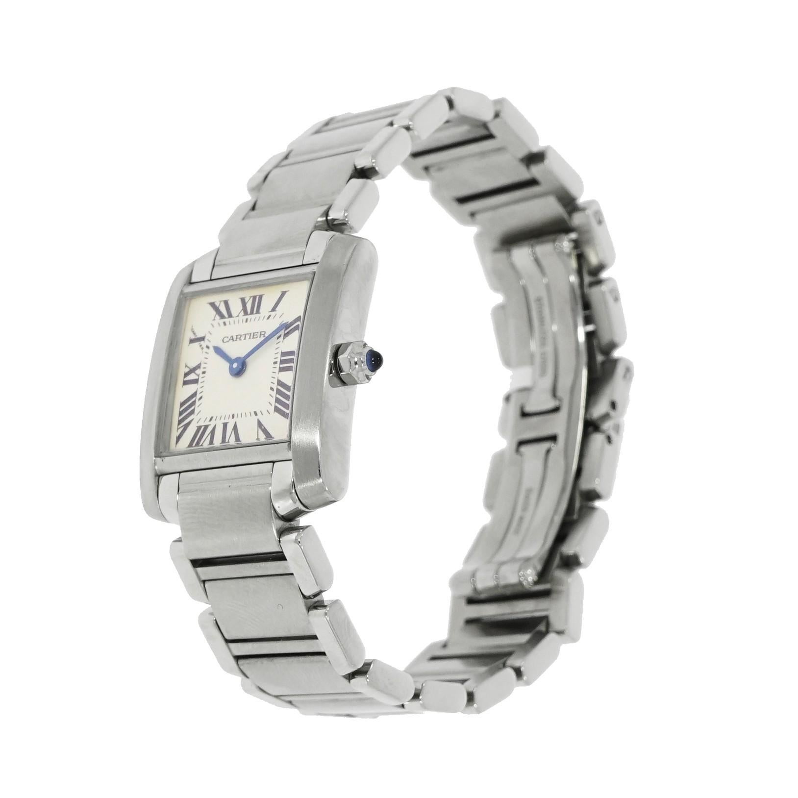 Pre-owned in very good condition Cartier Tank Francaise PM 20.25X 25mm case in stainless steel case, quartz movement, scratch resistant sapphire crystal, silver dial with roman numeral hour markers, blue spinel cabochon crown, stainless steel