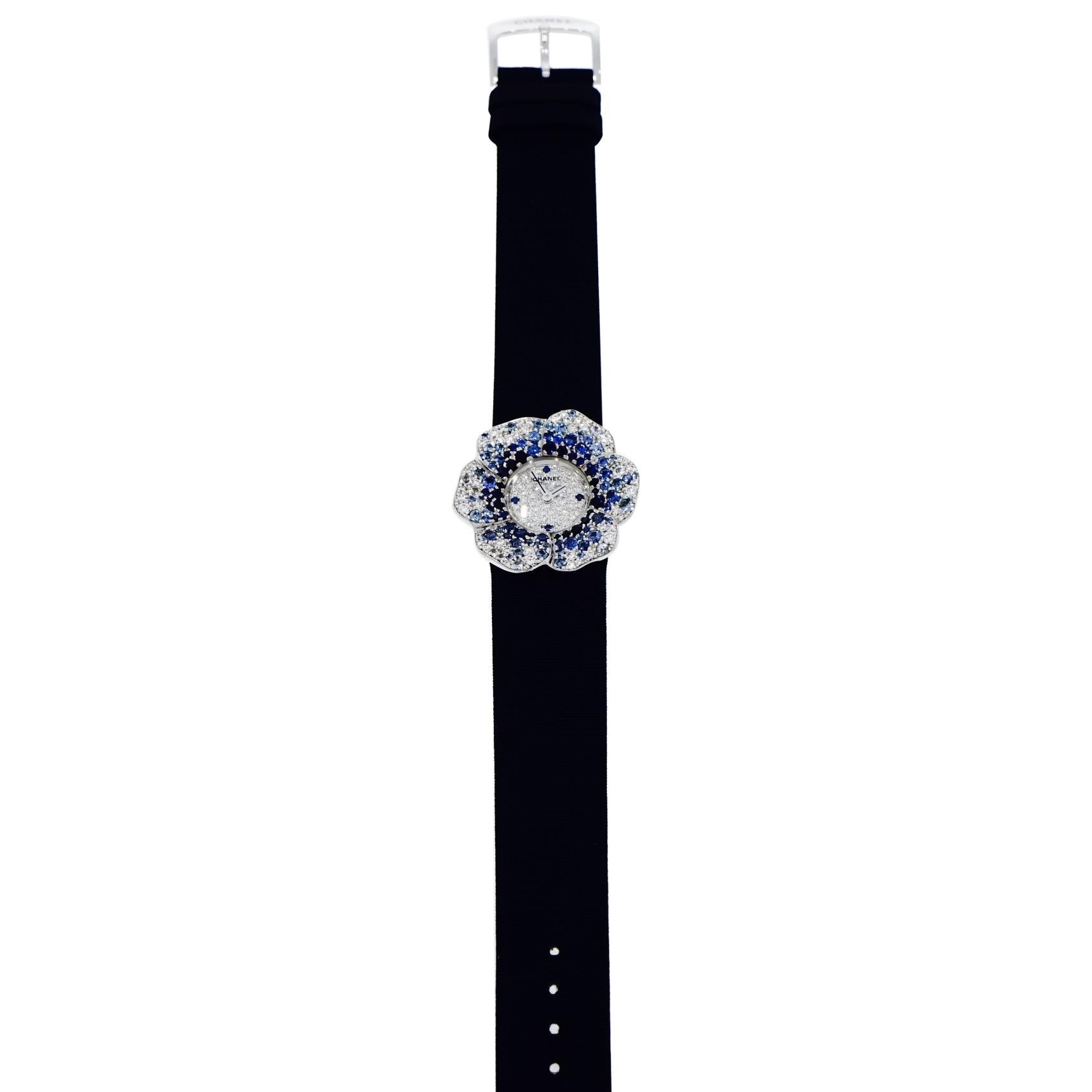 Modern Ladies Chanel Camelia Blue Sapphires in 18 Karat White Gold H1188