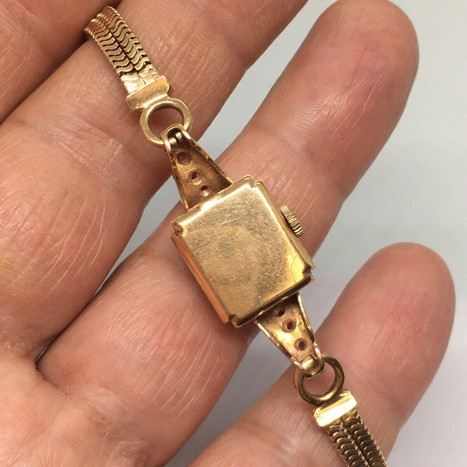 Damen- Charles Areni 14K Roségold Mechanische Uhr Rubin-Diamant-Retro 1940er Jahre (Einfacher Schliff) im Angebot