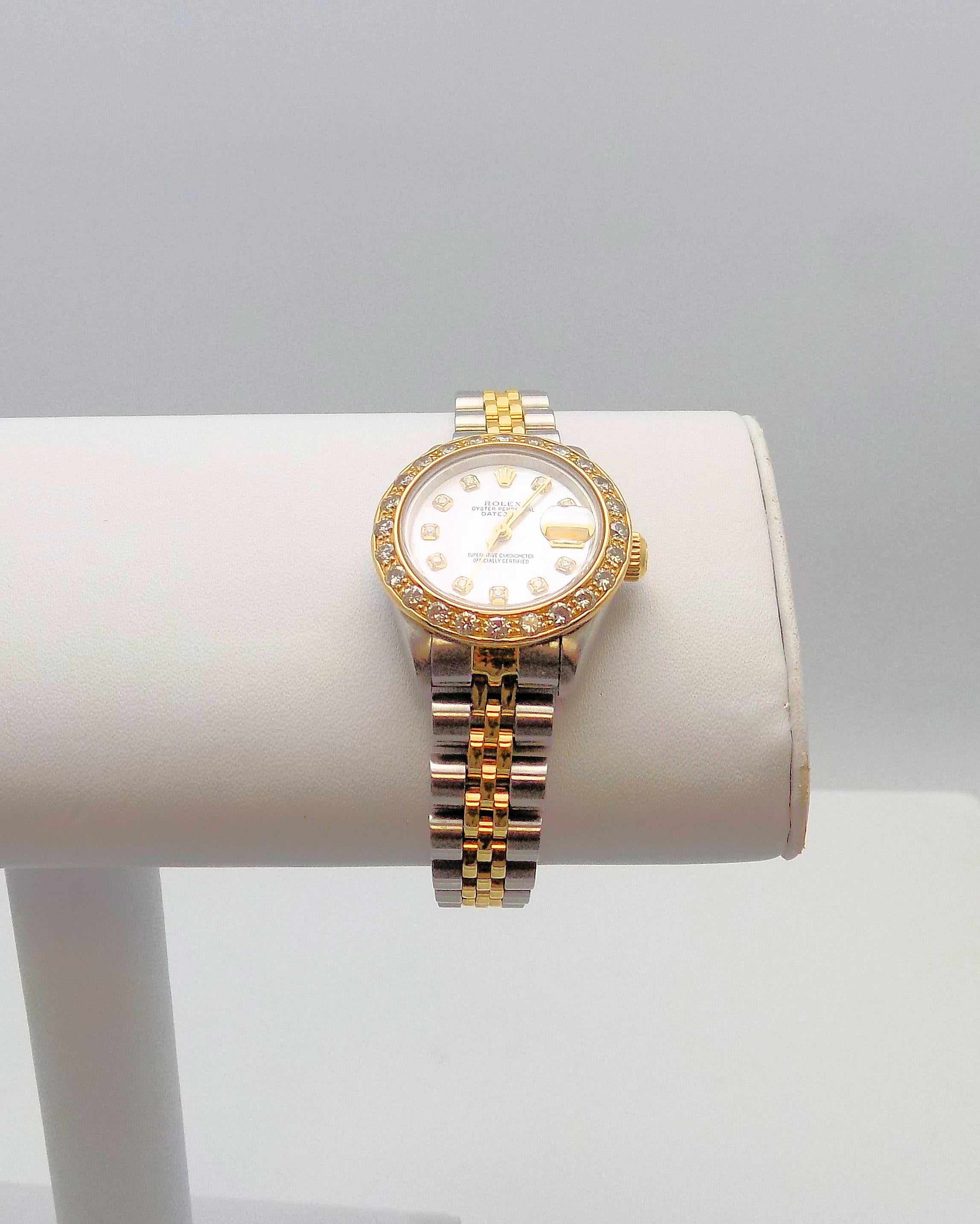 Lady's Diamond Rolex Wrist Watch with Mother-of-Pearl Dial In Good Condition For Sale In Dallas, TX