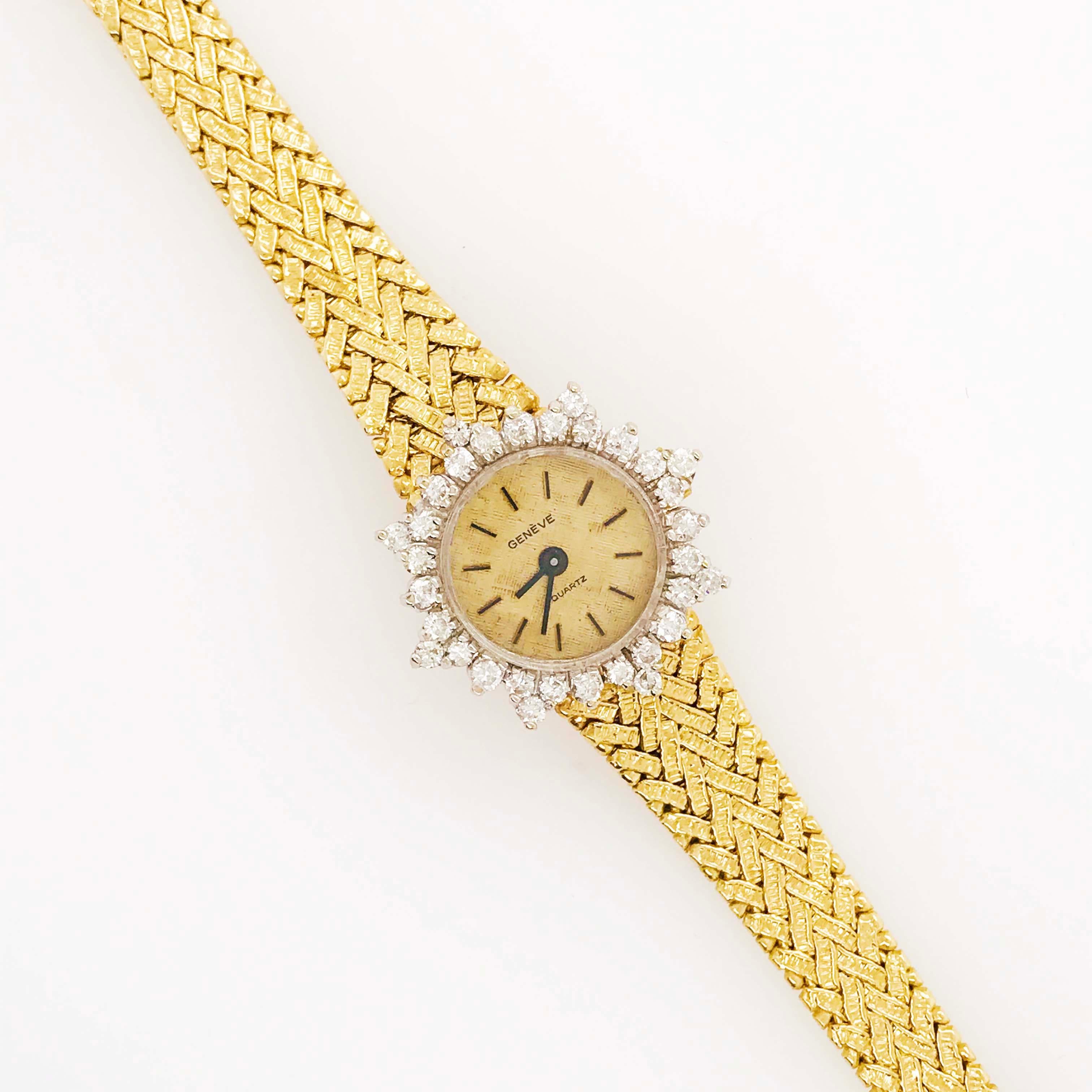 Ladies Dress Watch, Geneve Quartz 1.50 Carat Diamond Dial and Gold Textured Band 2