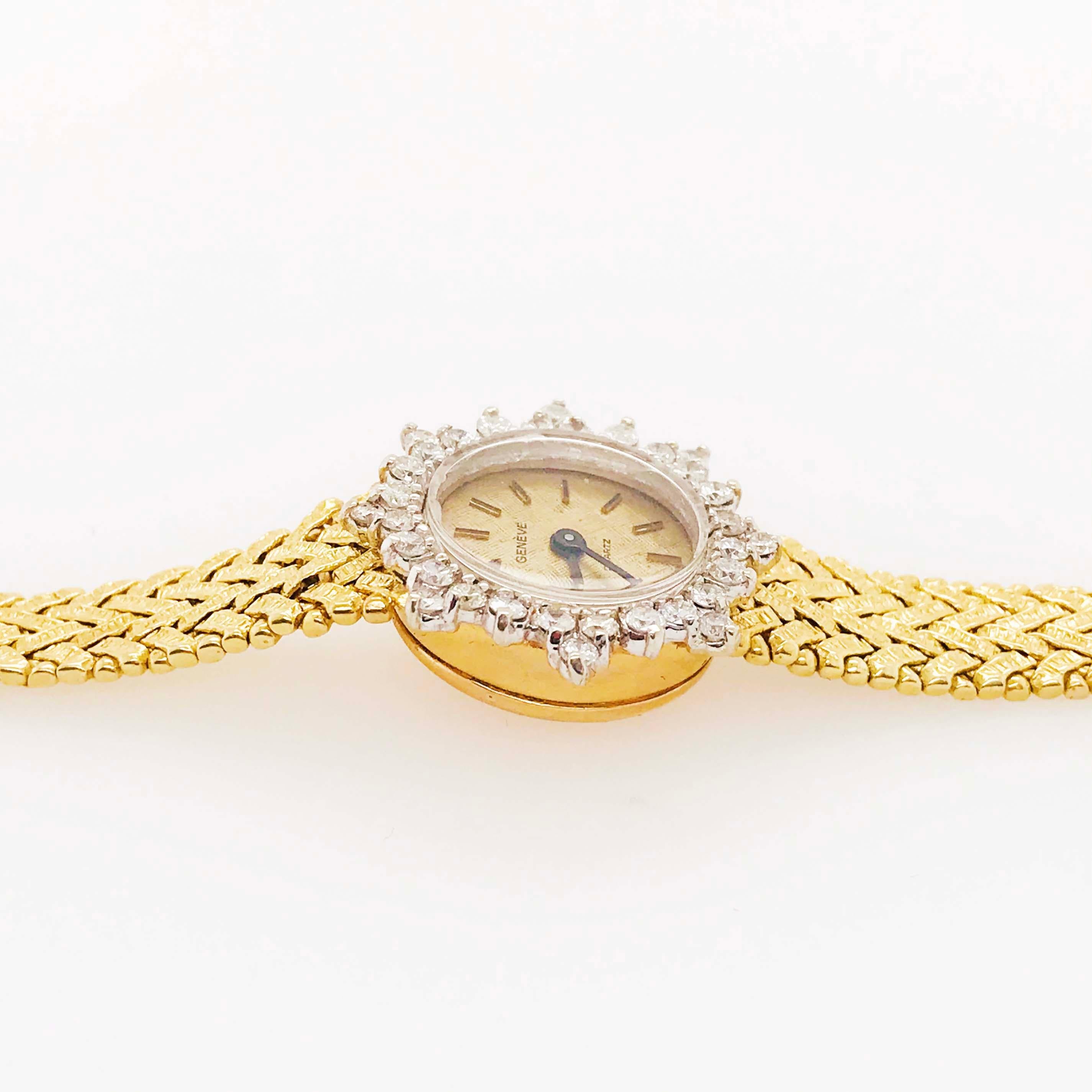Ladies Dress Watch, Geneve Quartz 1.50 Carat Diamond Dial and Gold Textured Band 3