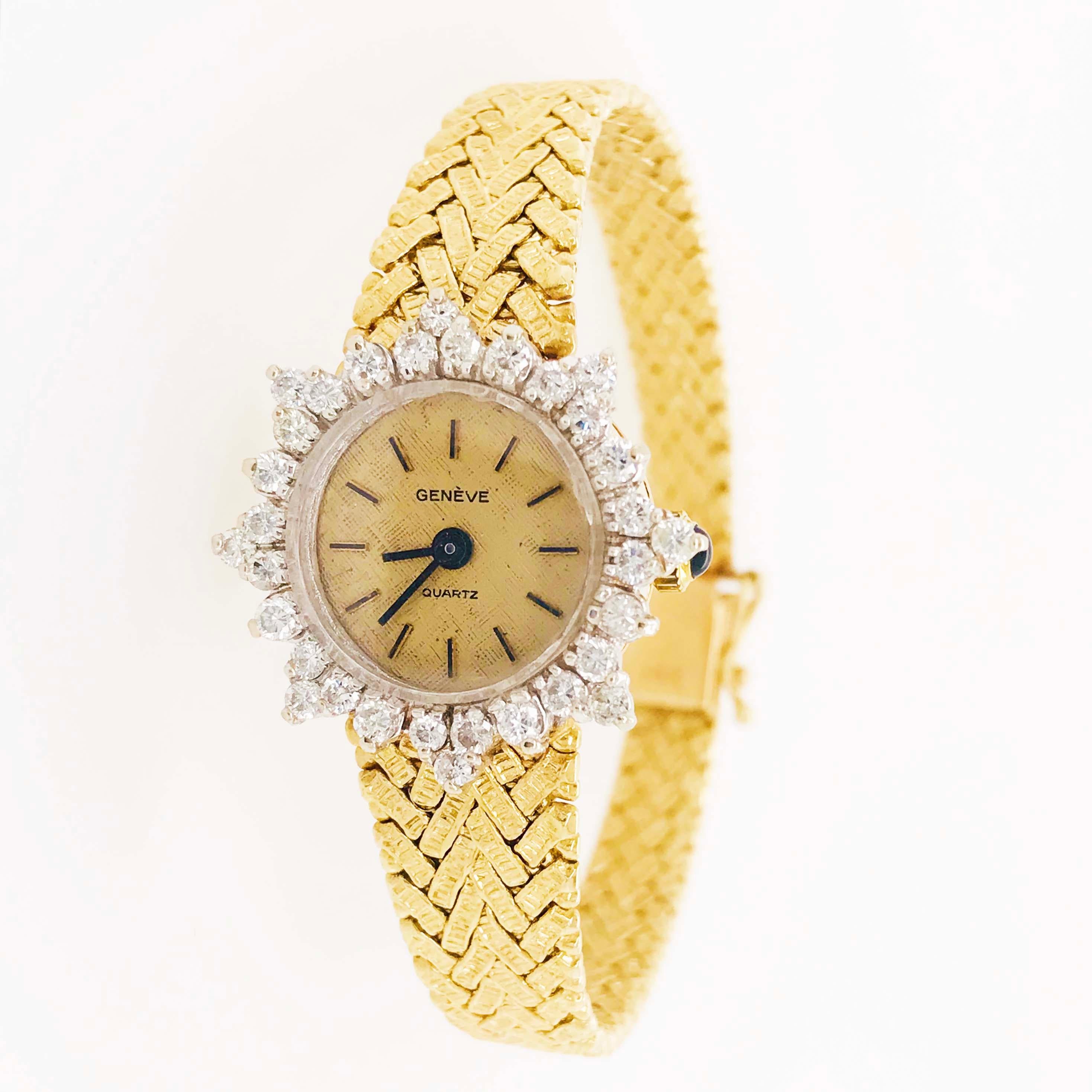 The Lady's dress watch is classy and sophisticated! The Geneve quartz diamond watch is a dress style watch with a diamond bezel and textured band. The Lady's Geneve watch is quartz movements with a classic champagne colored dial. The diamond bezel