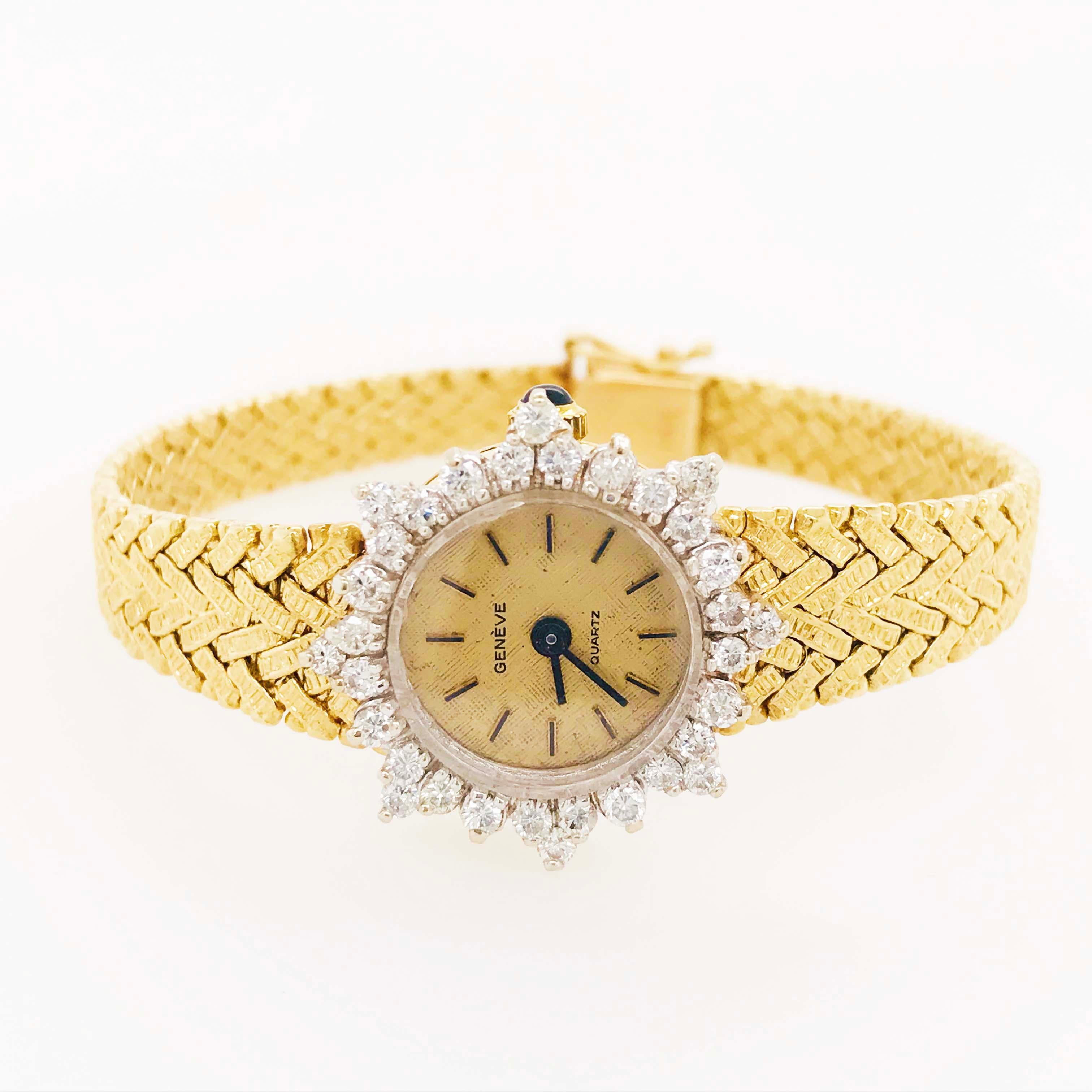 Artisan Ladies Dress Watch, Geneve Quartz 1.50 Carat Diamond Dial and Gold Textured Band