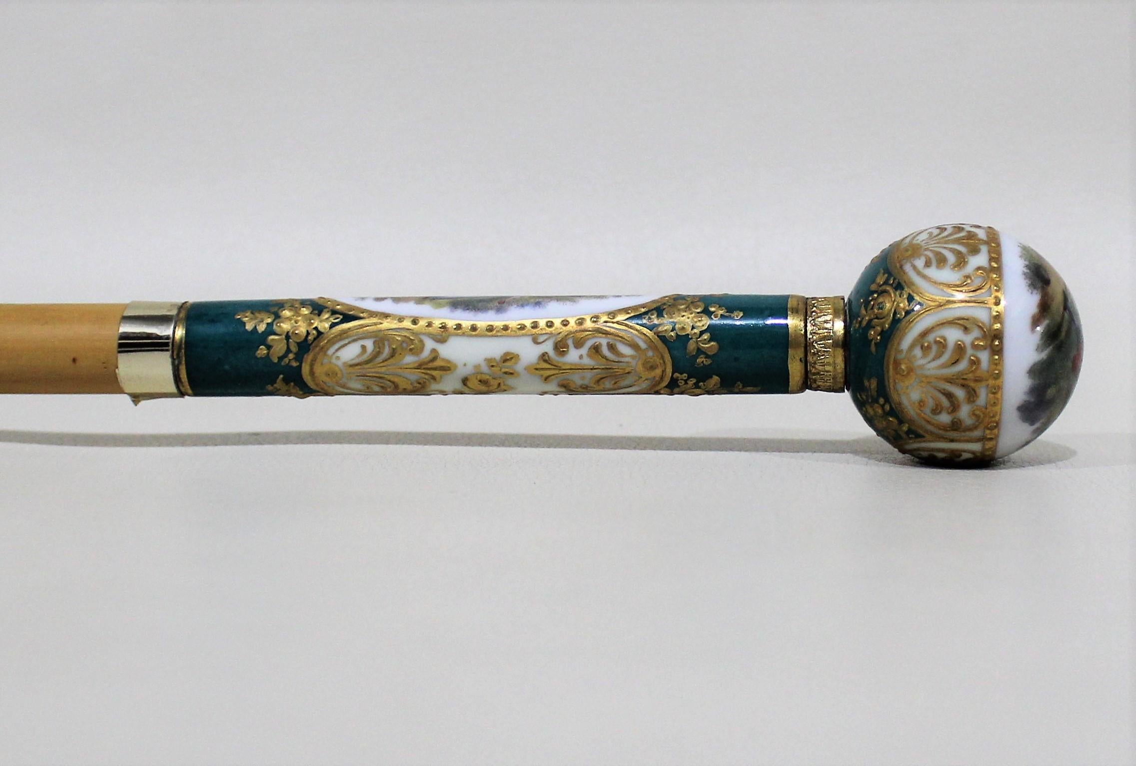 Lady's French Porcelain Sevres Style Walking Stick Cane In Good Condition In Hamilton, Ontario