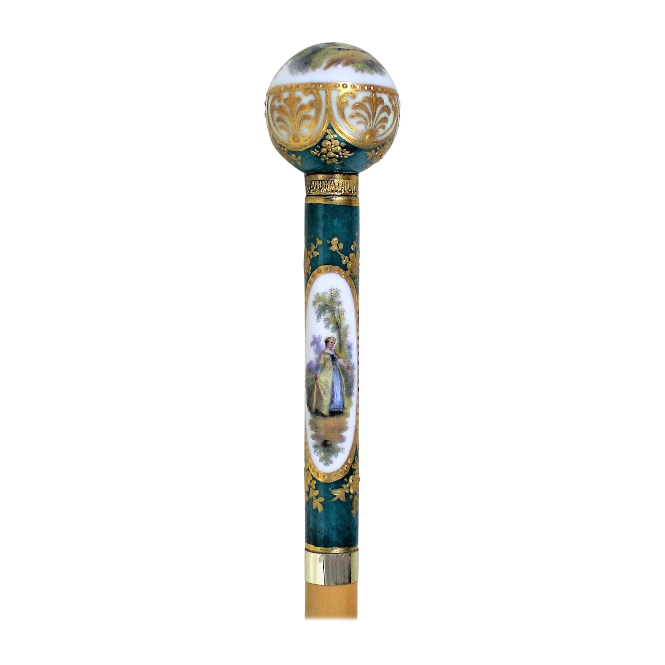 Lady's French Porcelain Sevres Style Walking Stick Cane