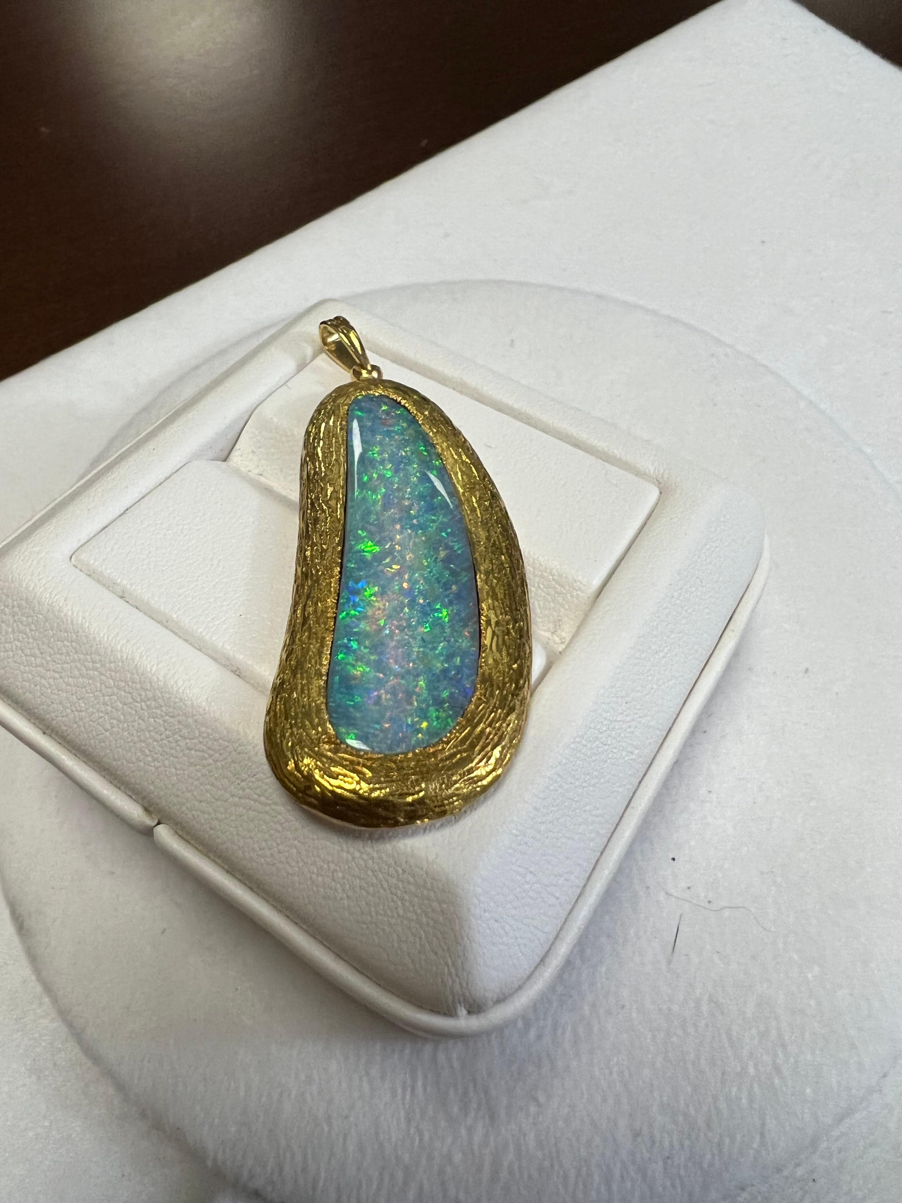 Art Deco Lady's Handmade Black Boulder Opal and Pendant in 18k Yellow Gold For Sale