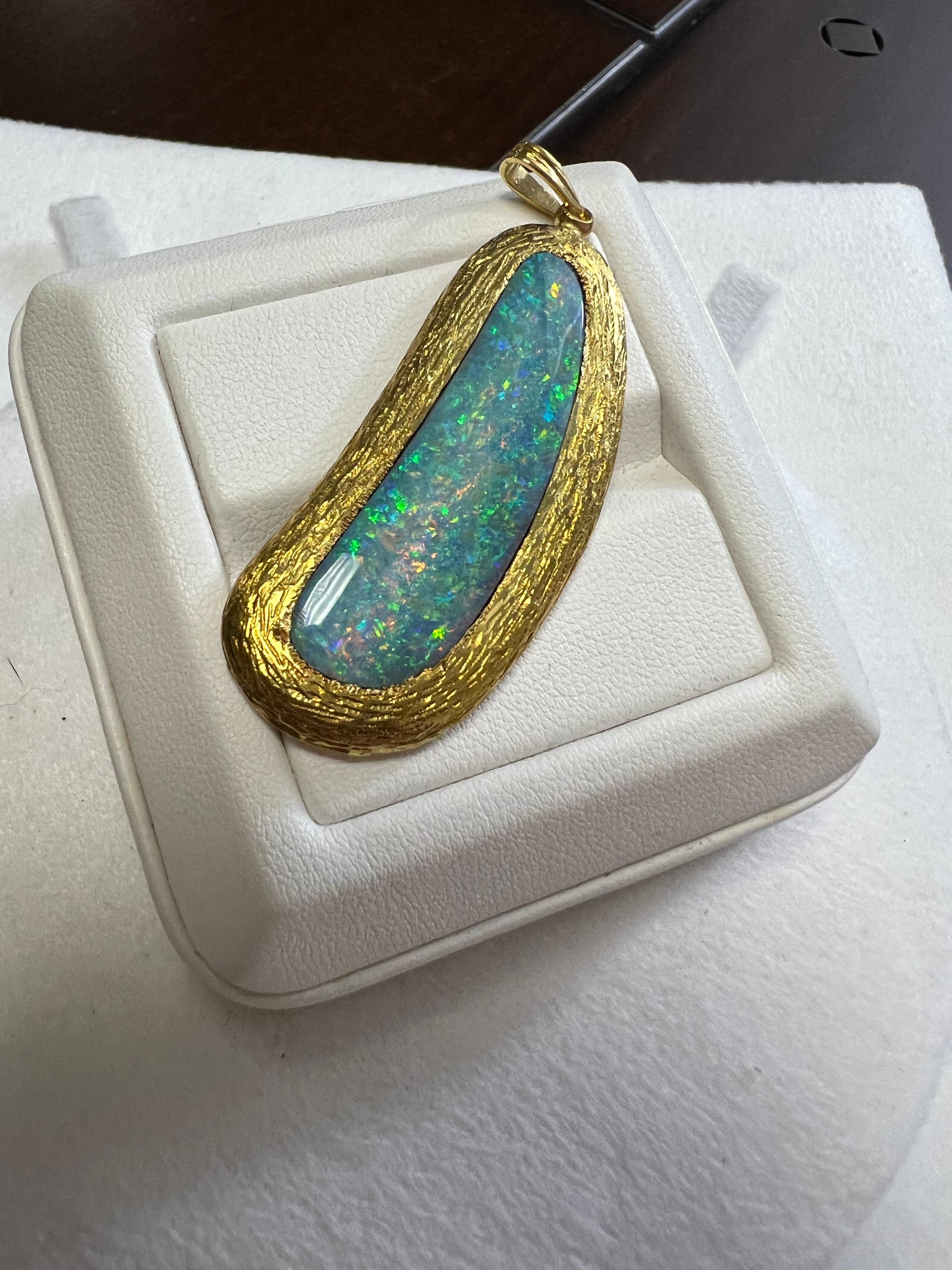 Cabochon Lady's Handmade Black Boulder Opal and Pendant in 18k Yellow Gold For Sale