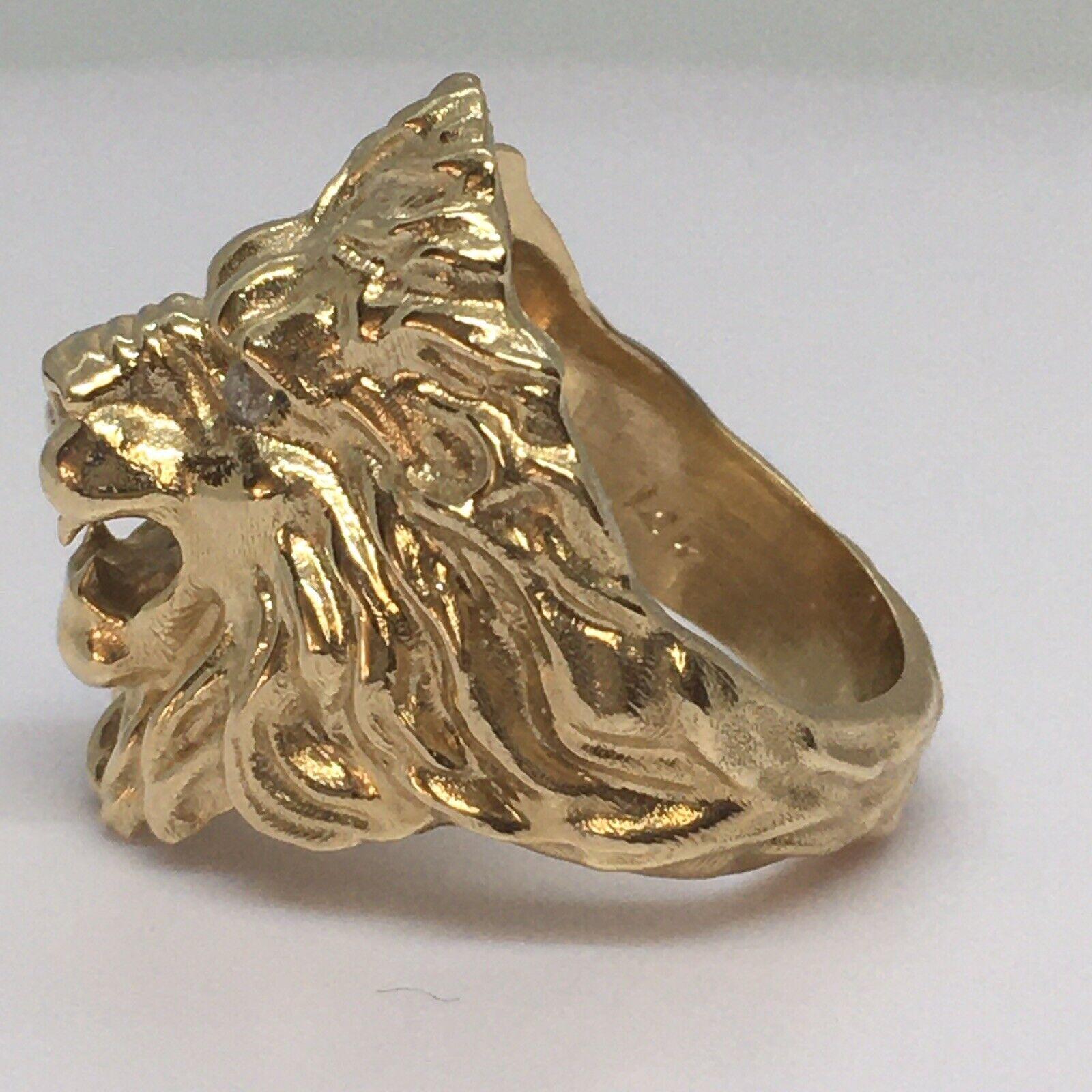 Lady’s Lion Face Diamond Ring 14K Yellow Gold

Size 5.5
Weighing 13.7 gr
Top size length. 0.75 inch
Made in our shop, Santa Monica, Ca.
Men's pinky or lady's ring
Made in our shop, Santa Monica, Ca