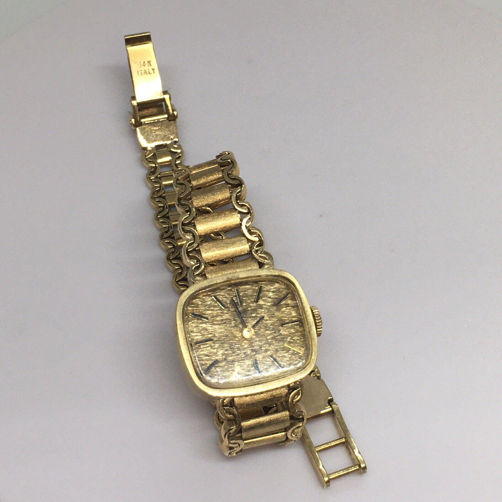 Lady's Omega 14K Yellow Gold Mechanical Watch Factory Marked Case 8 inch long

Wrist Length 8 inch
Case 18 mm by 20 mm
Bracelet starting at 13 mm on top and 8 mm next to lock 
Marking  