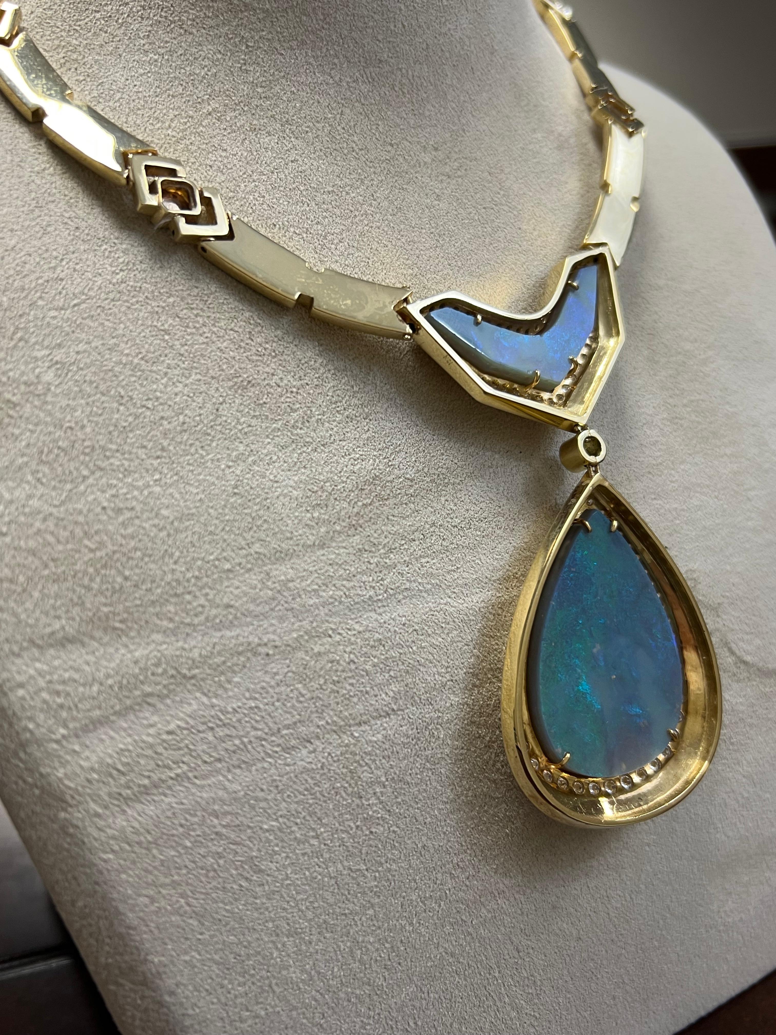 Art Deco Lady's Opal and Diamonds Necklace in 14k Yellow Gold  For Sale