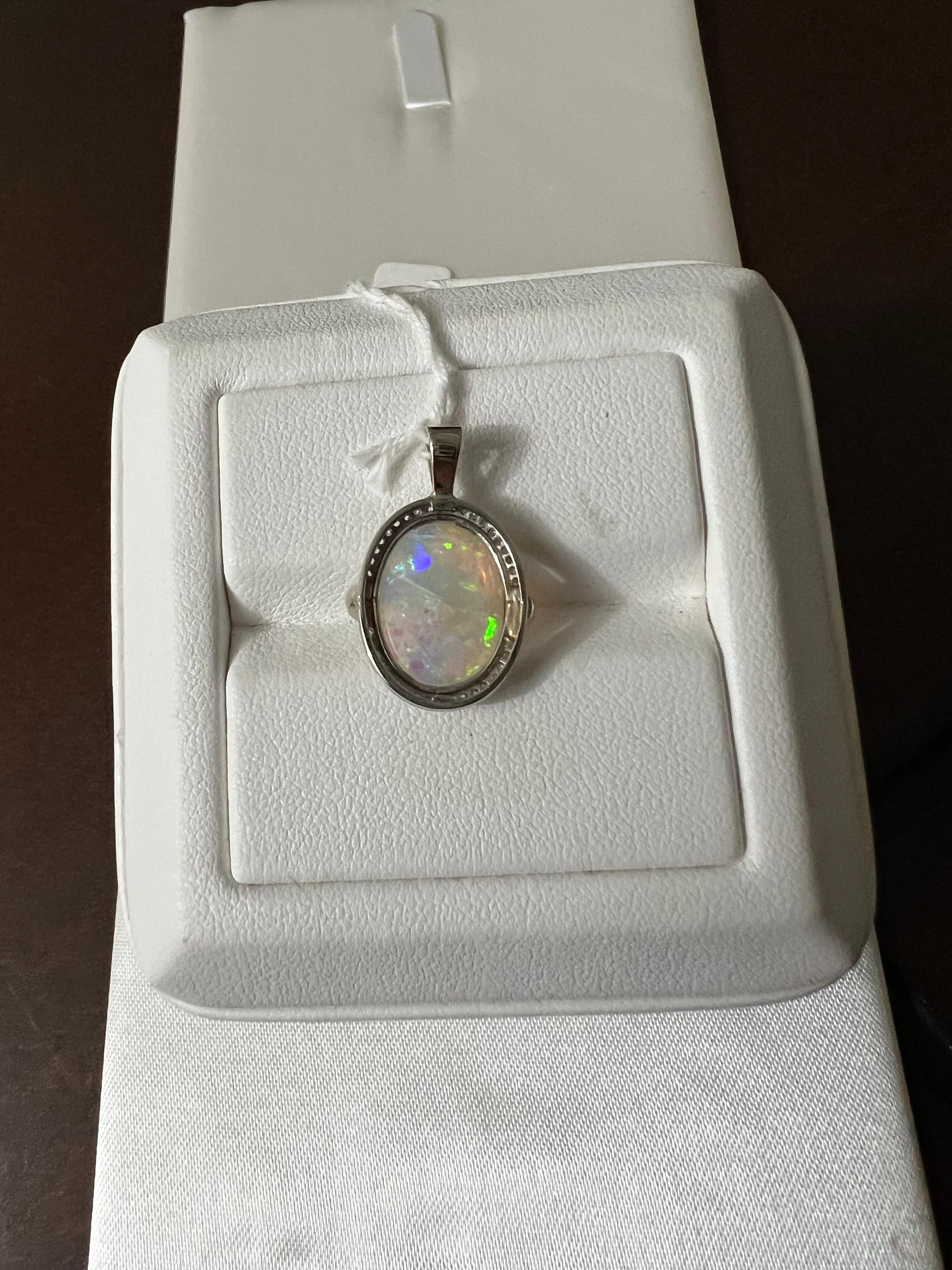 Art Deco Lady's Opal and Pendant in 14k White Gold For Sale