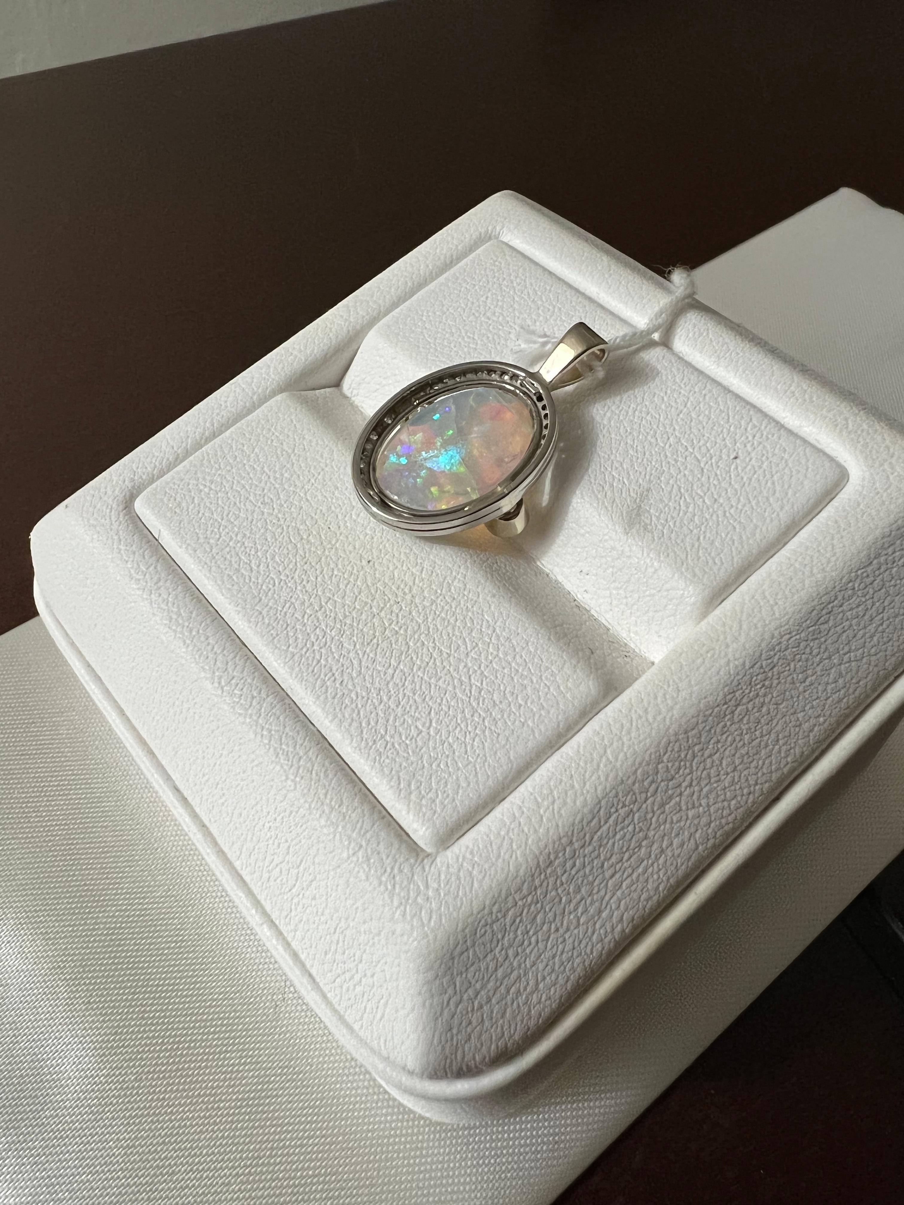 Cabochon Lady's Opal and Pendant in 14k White Gold For Sale