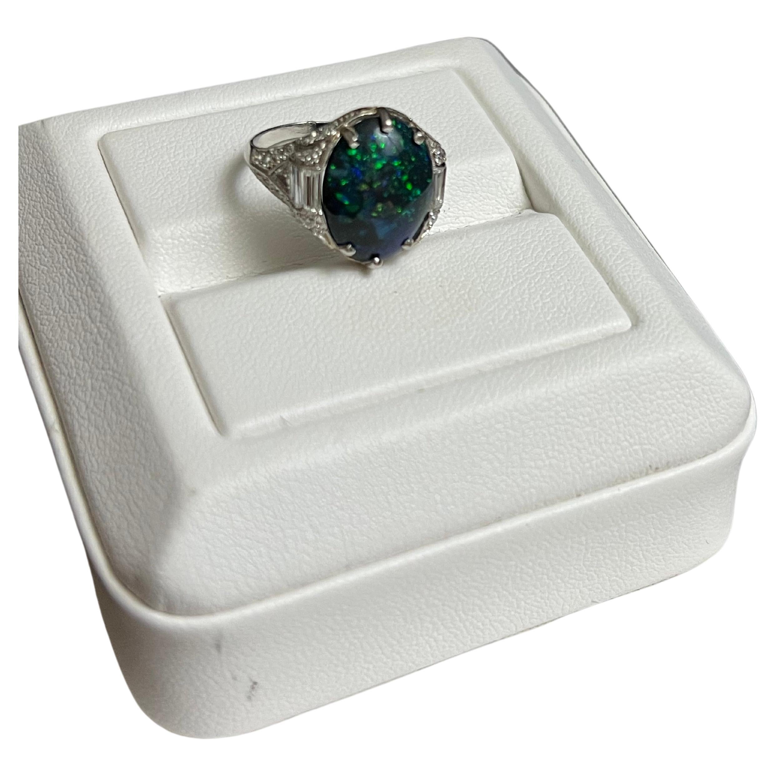 Lady's Opal Art Deco Black Opal and Diamonds Ring in Platinum For Sale