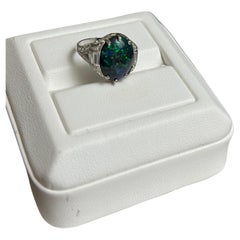 Lady's Opal Art Deco Black Opal and Diamonds Ring in Platinum