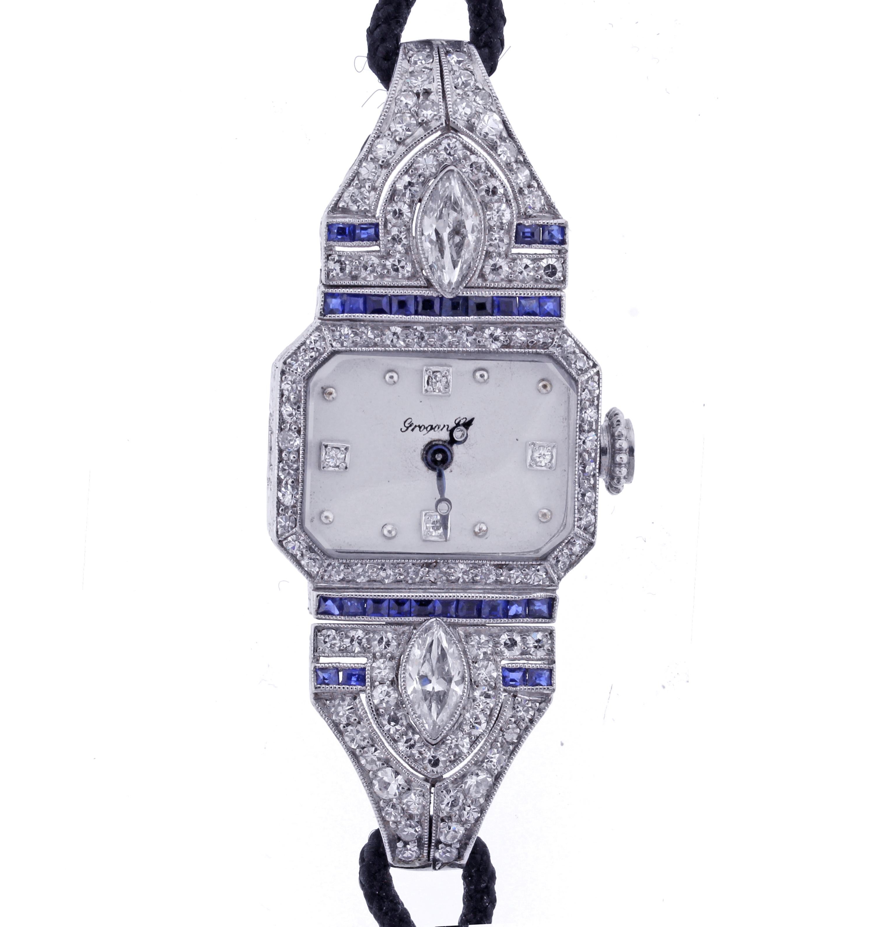 Round Cut C.H. Meylan Made for Grogan Co. Diamond and Sapphire Art Deco Wristwatch