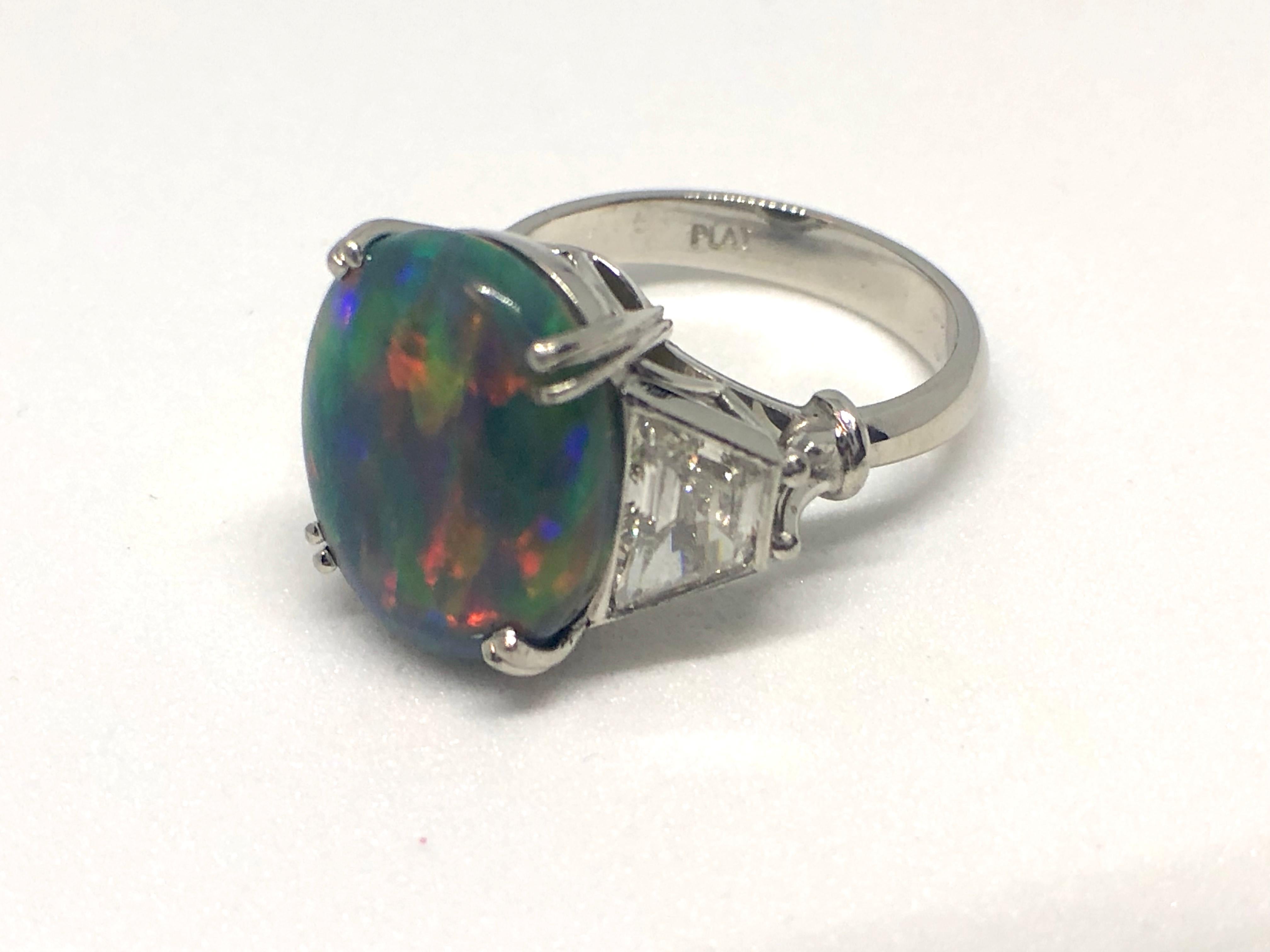 Oval Cut Ladies Platinum Vibrant Black Opal and Diamond Ring