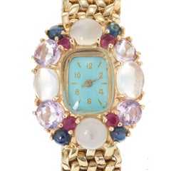 Lady's Ruby Sapphire Amethyst Moonstone Gold Wristwatch circa 1950s