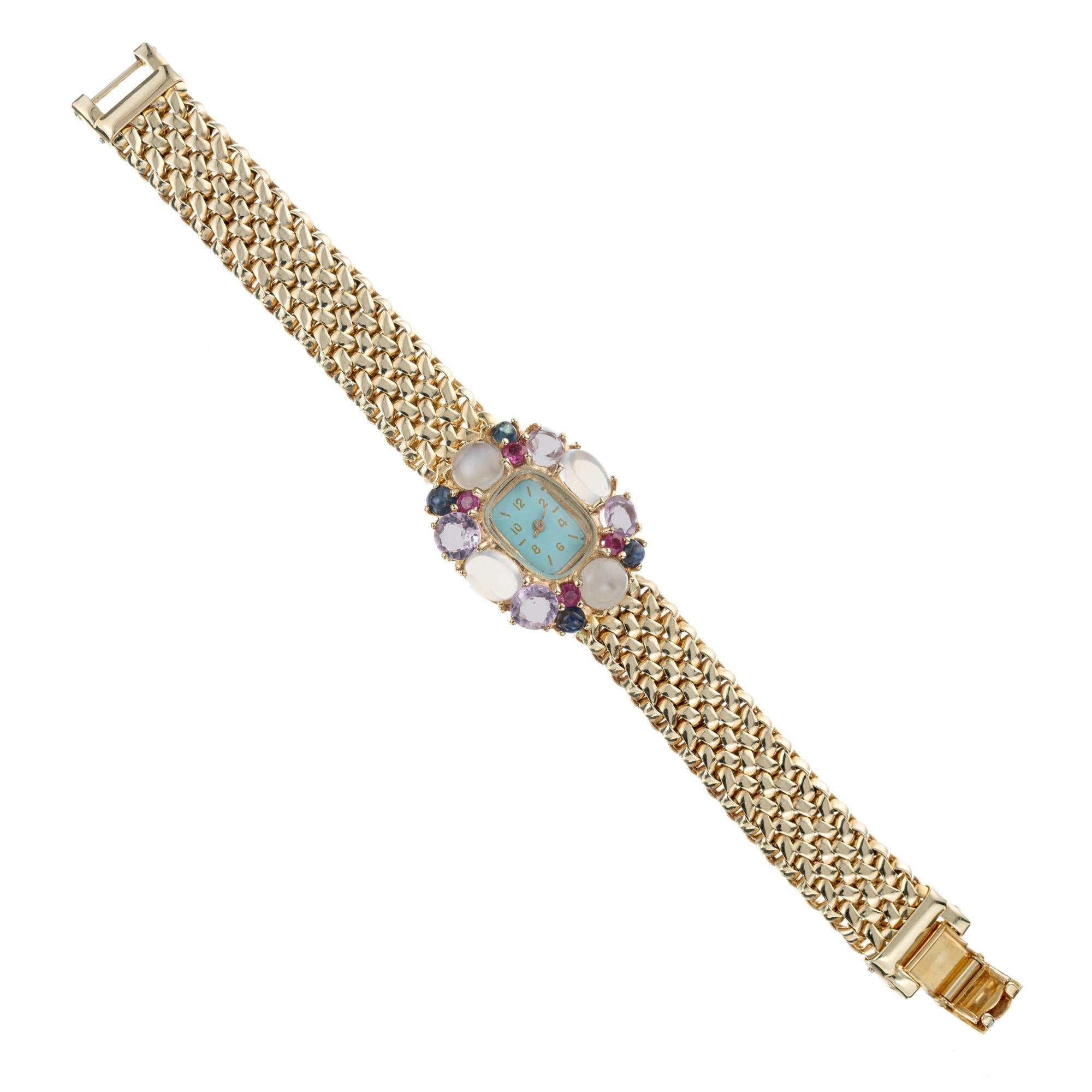 Lady's Ruby Sapphire Amethyst Moonstone Gold Wristwatch circa 1950s In Good Condition In Stamford, CT