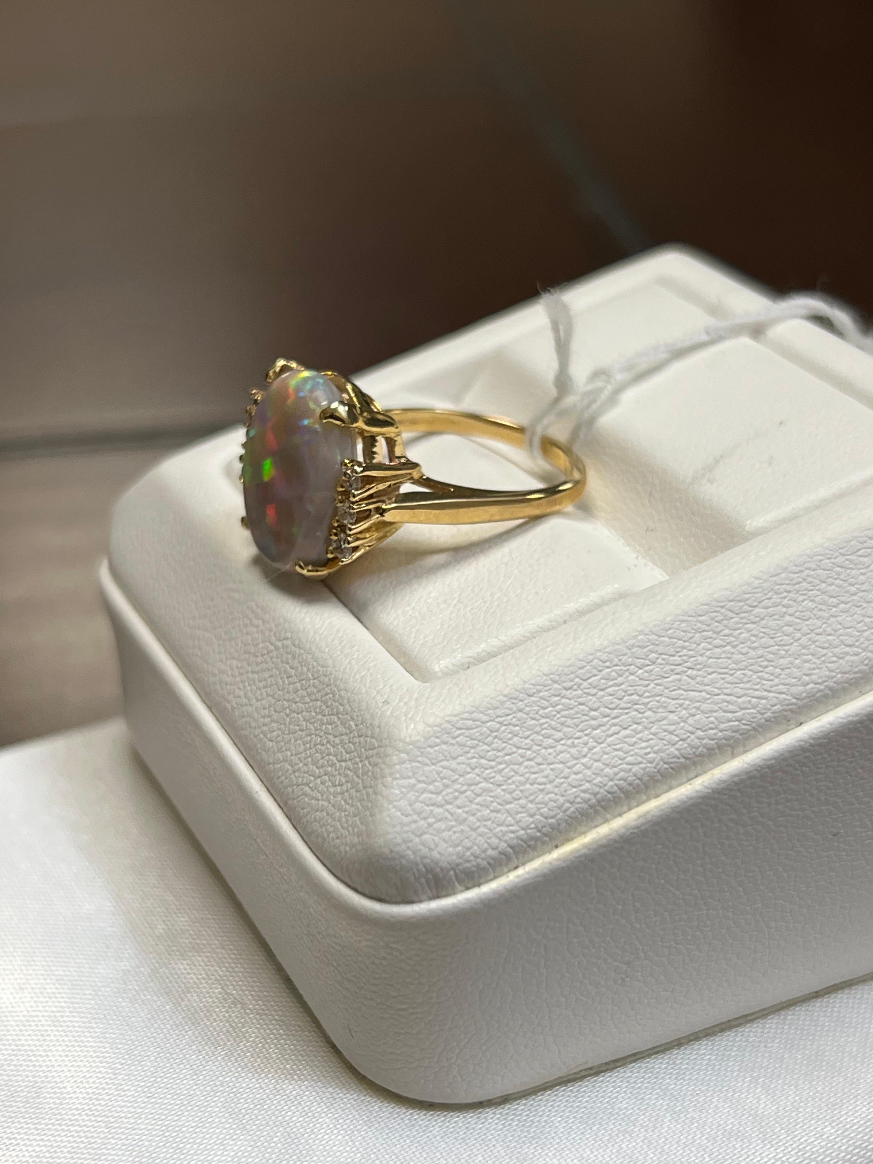 Cabochon Lady's Semi-Black Opal and Diamonds Ring in 14k Yellow and Gold For Sale