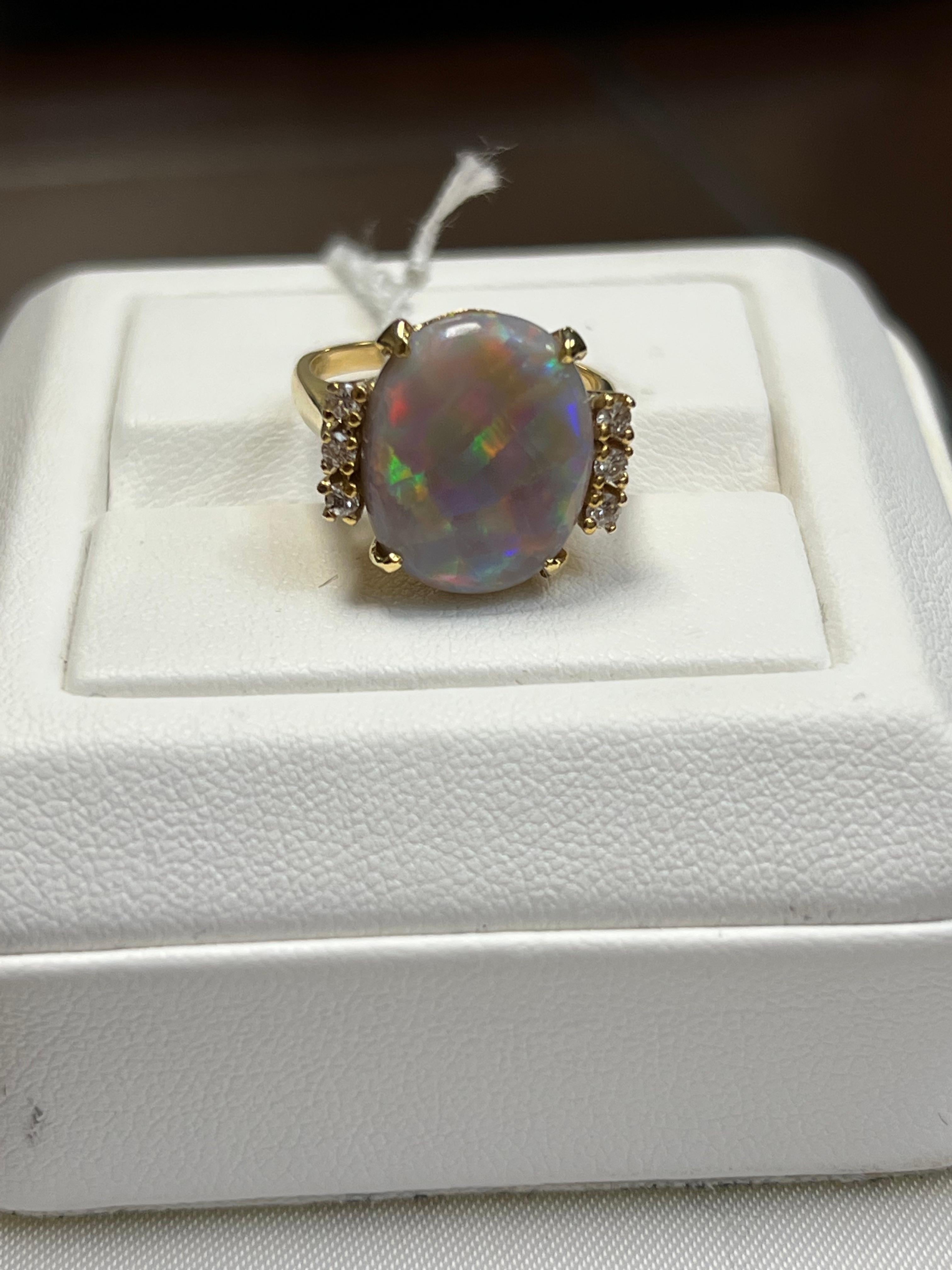 Women's Lady's Semi-Black Opal and Diamonds Ring in 14k Yellow and Gold For Sale