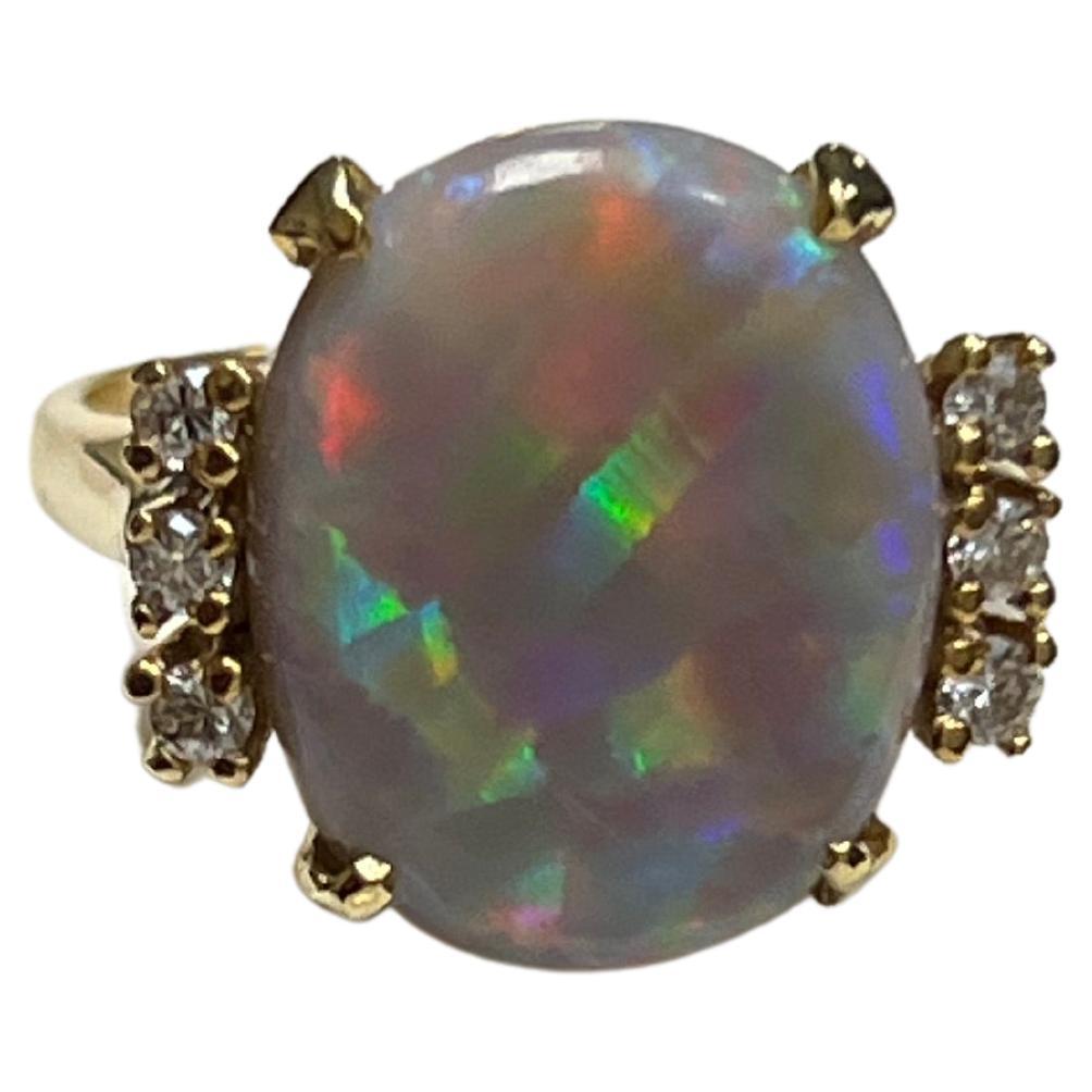 Lady's Semi-Black Opal and Diamonds Ring in 14k Yellow and Gold For Sale