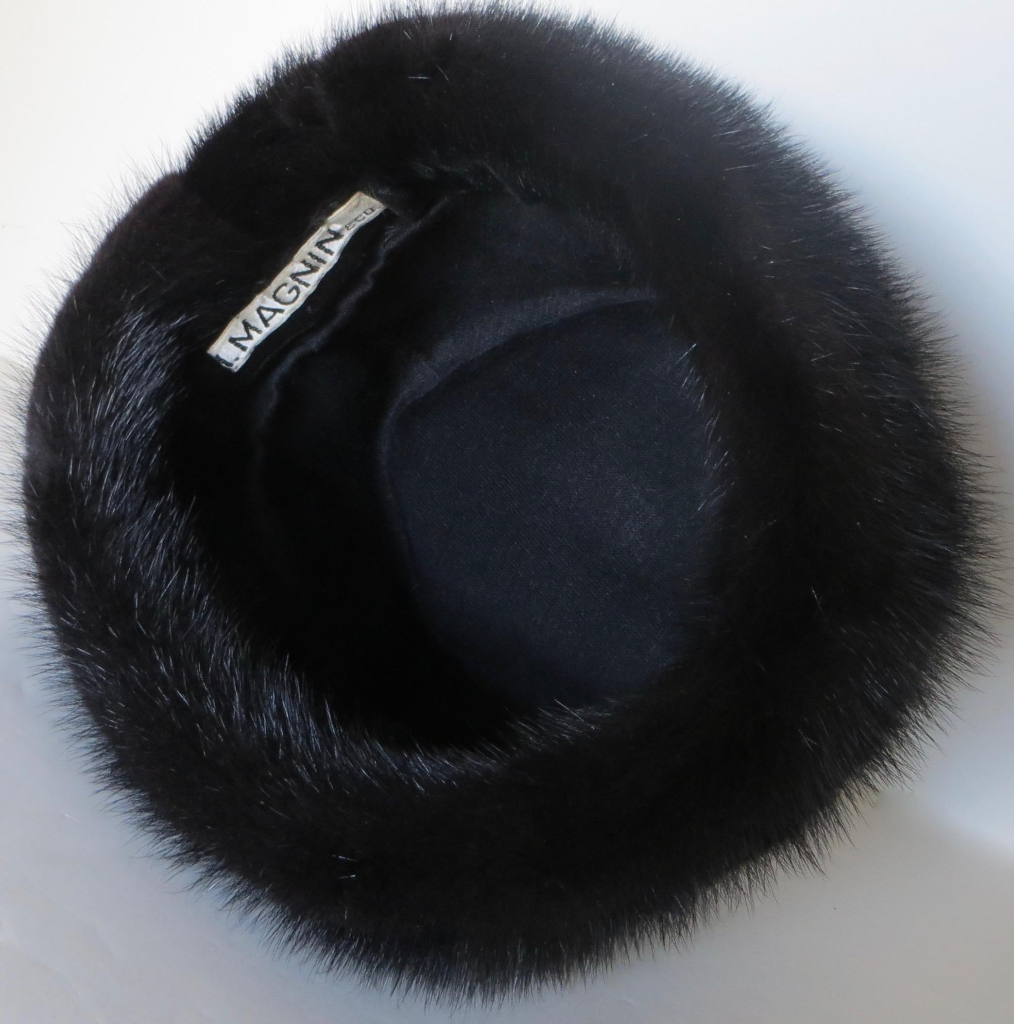 Mid-Century Modern Lady's Vintage Black Mink Hat by I. Magnin & Co. Circa 1965 For Sale