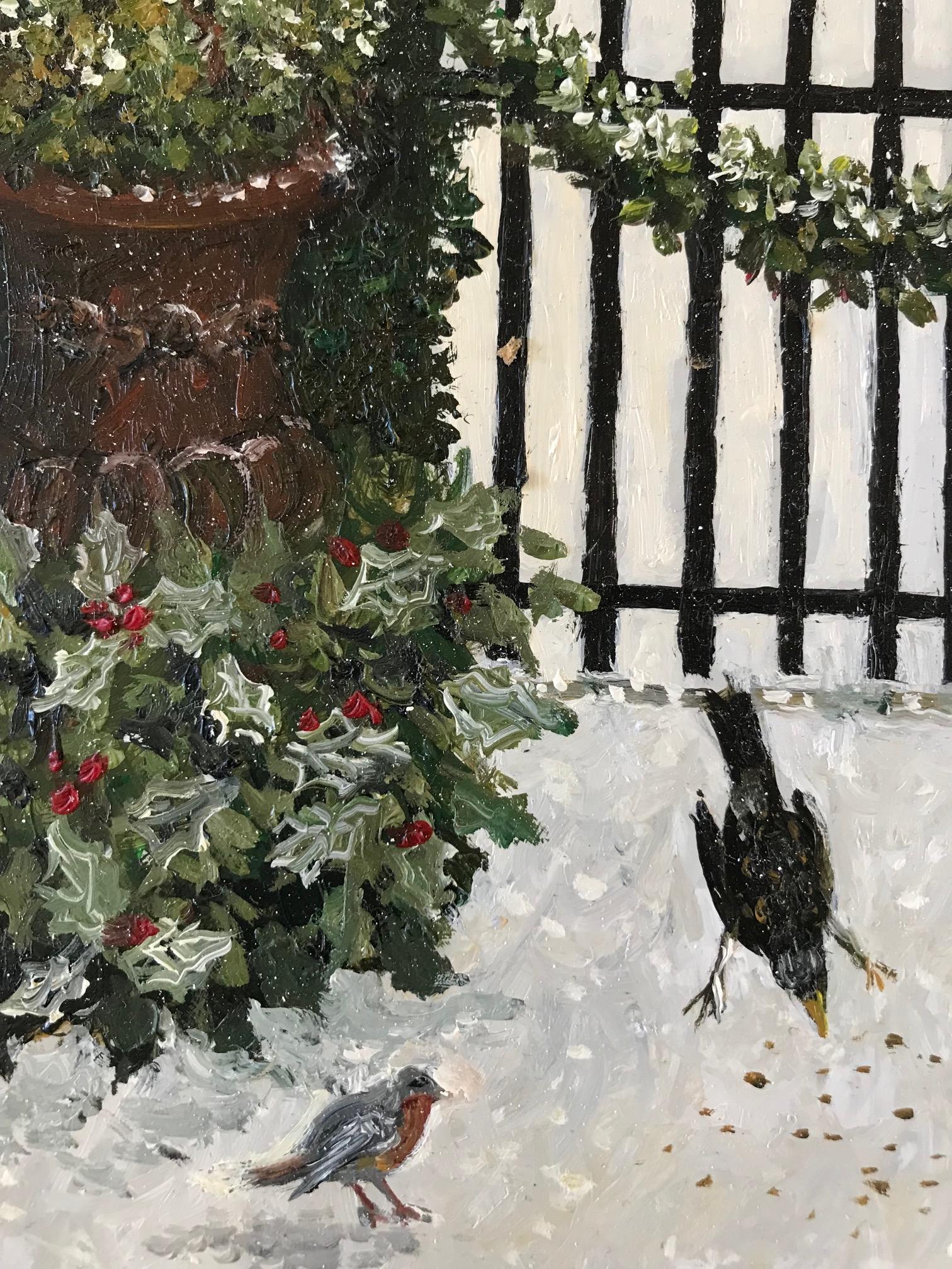« Birds in a Winter Garden » - Peinture néerlandaise cosy d'un jardin dans la neige - Contemporain Painting par Laetitia de Haas