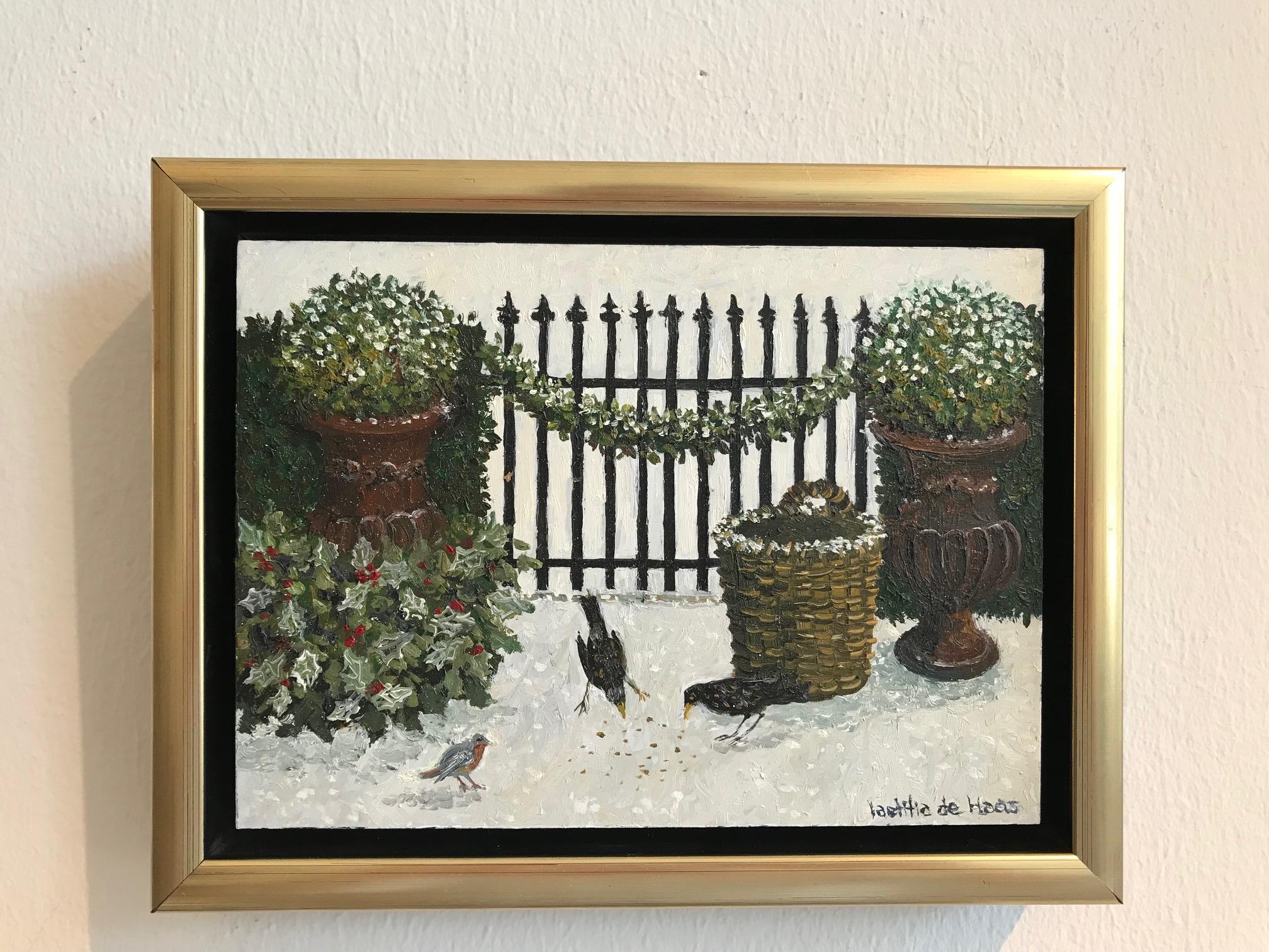 « Birds in a Winter Garden » - Peinture néerlandaise cosy d'un jardin dans la neige en vente 1