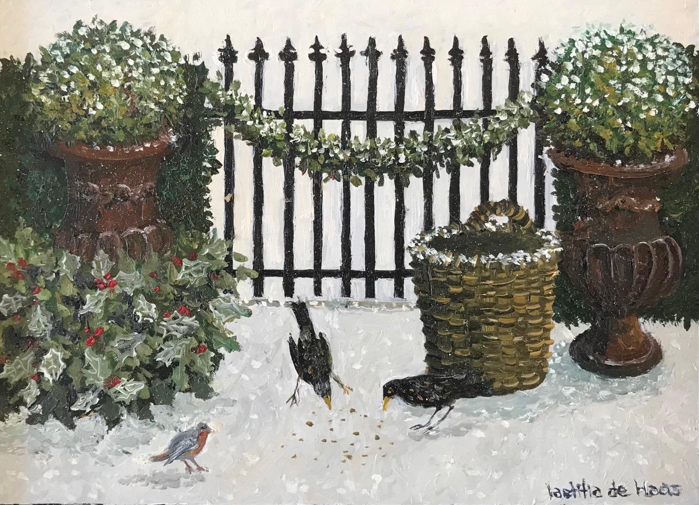 Figurative Painting Laetitia de Haas - « Birds in a Winter Garden » - Peinture néerlandaise cosy d'un jardin dans la neige
