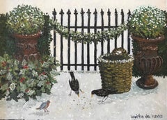 ''Birds in a Winter Garden'' Cosy Dutch Painting of a Garden in the Snow