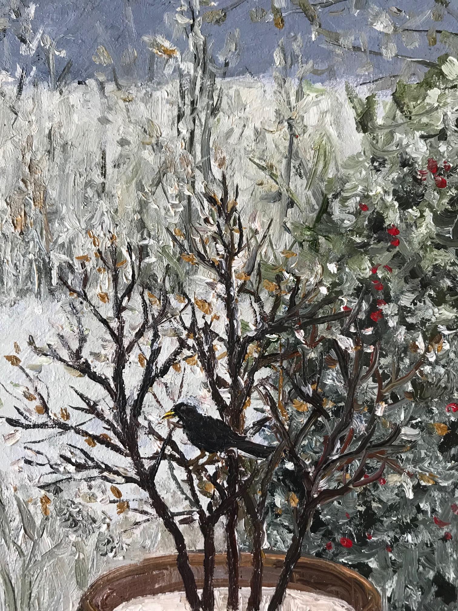 « Oiseaux dans un jardin d'hiver » - Peinture néerlandaise cosy d'un jardin d'hiver - Contemporain Painting par Laetitia de Haas